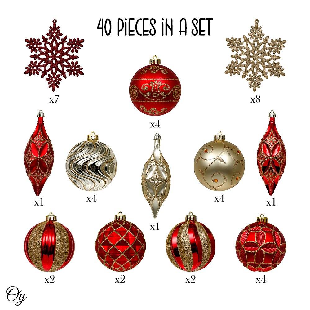 40 PIECES IN A SET

- Snowflake (Red) x7
- Snowflake (Gold) x8
- Red Ornament x4
- Red Teardrop Ornament x1
- Silver Ornament x4
- Gold Ornament x4
- Red Teardrop Ornament x1
- Red and Gold Ornament x2
- Red and Gold Ornament x2
- Red and Gold Ornament x2
- Red and Gold Ornament x4