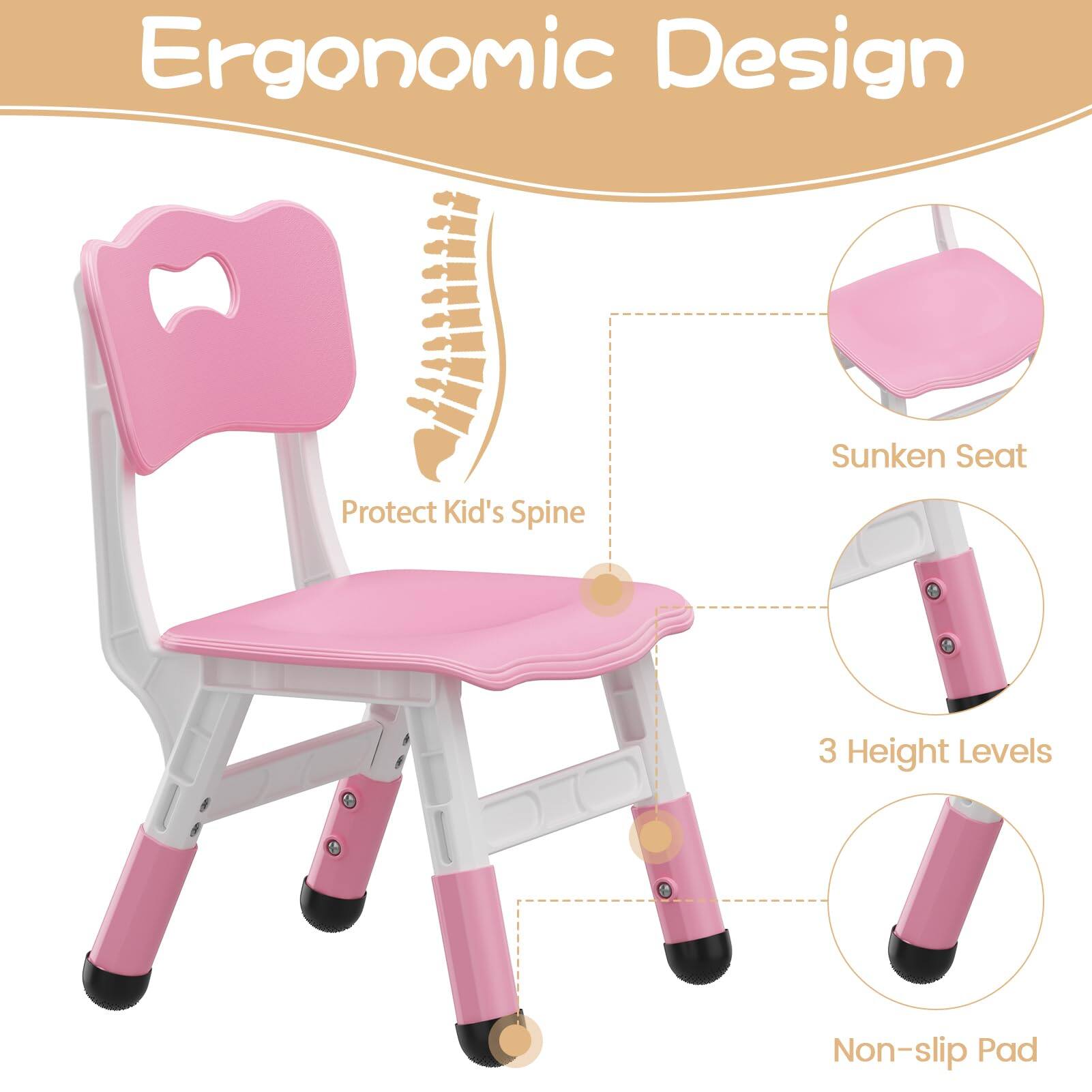 Ergonomic Design  
Sunken Seat  
Protect Kid's Spine  
3 Height Levels  
Non-slip Pad