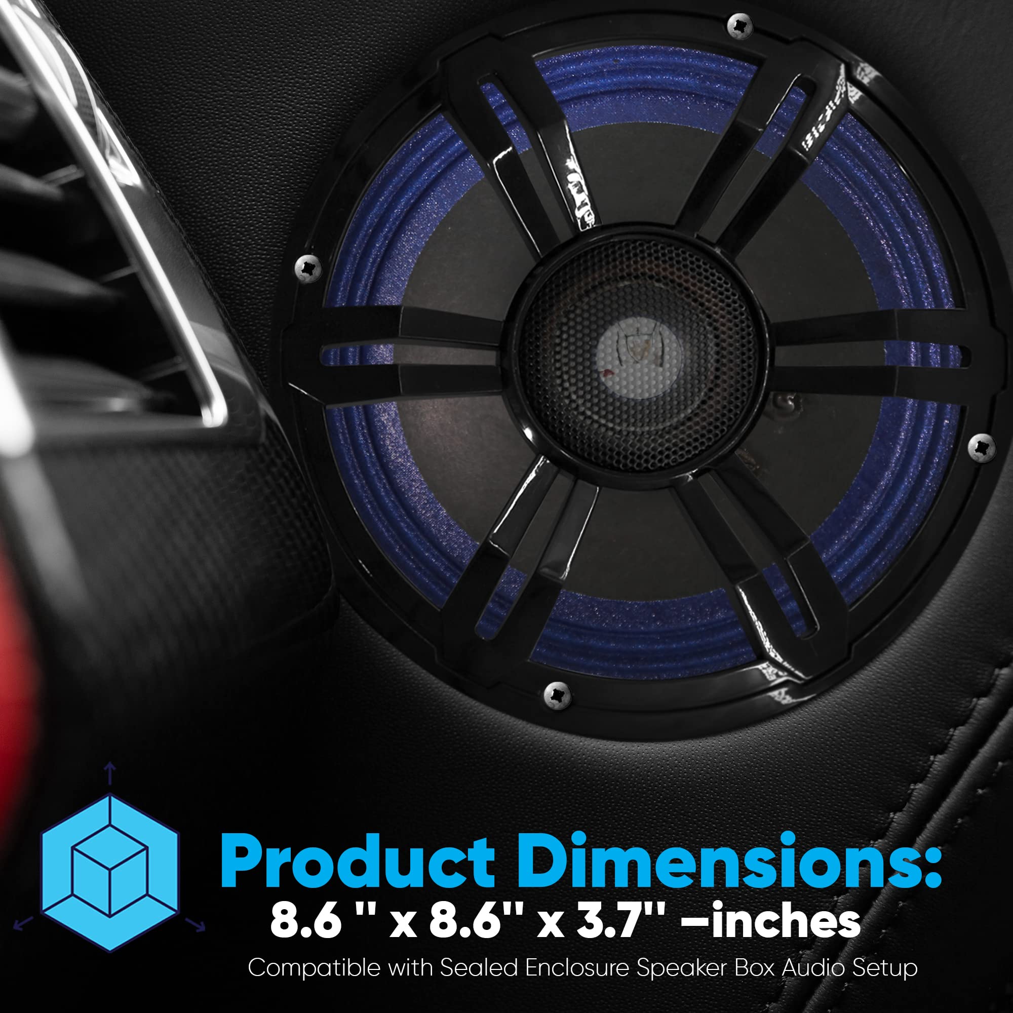 Product Dimensions:  
8.6" x 8.6" x 3.7" inches  
Compatible with Sealed Enclosure Speaker Box Audio Setup