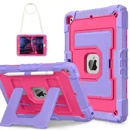 Dteck - Case for iPad 9th/ 8th / 7th Gen 10.2", Heavy Duty Shockproof with Kickstand, Pencil Holder, Shoulder Strap - Purple+Rose