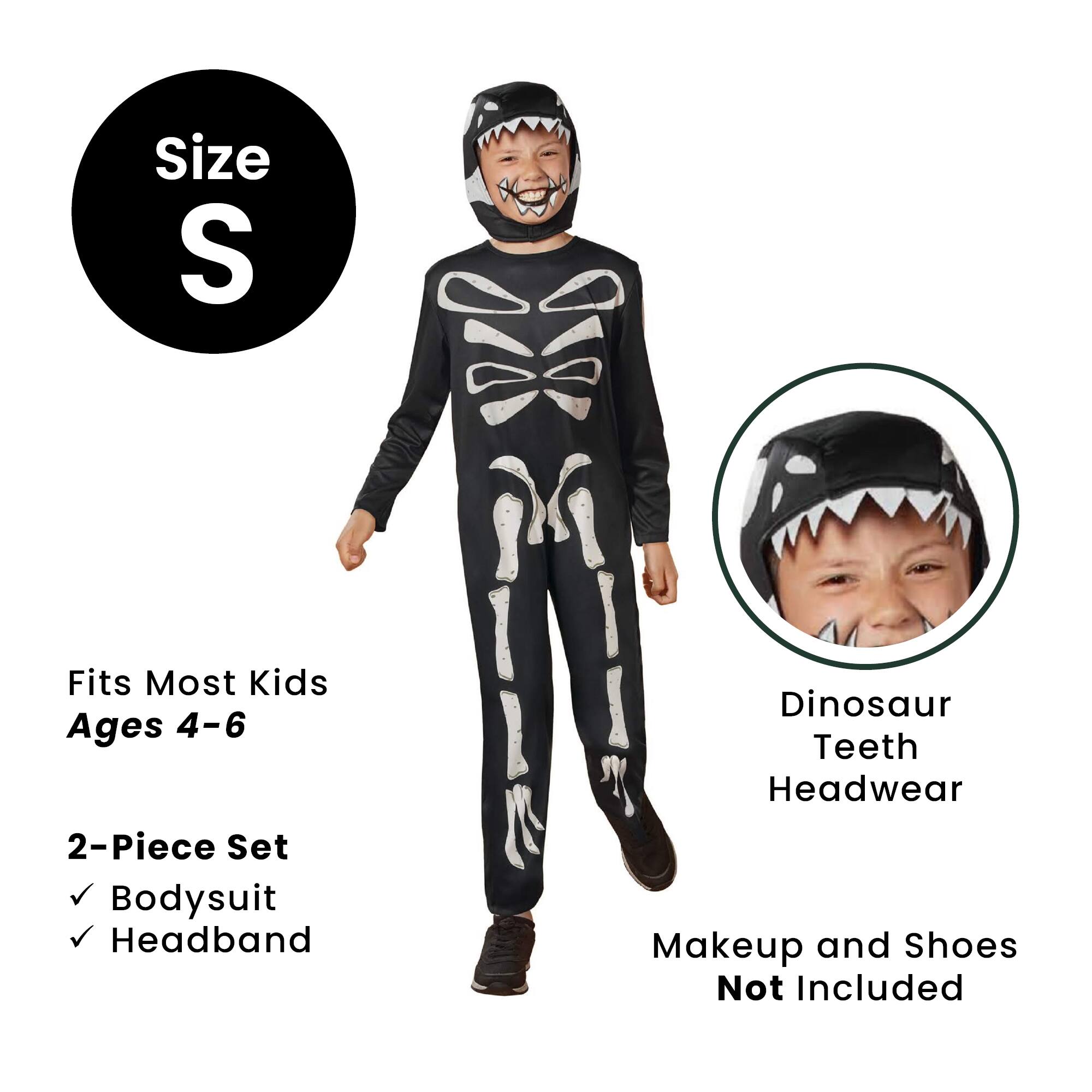 Size S  
Fits Most Kids Ages 4-6  
2-Piece Set  
✓ Bodysuit  
✓ Headband  
Dinosaur Teeth Headwear  
Makeup and Shoes Not Included