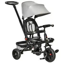 Qaba - Kids Tricycle 4 in 1 Trike, 2.8'-3.1' Height Push Handle, Canopy, Handrail, Safety Belt, Storage, Brake, 1-5 Years