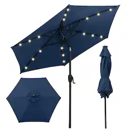 Costway - 7.5 ft Solar Powered Patio Umbrella with LED Lights Push Button Tilt Crank Handle - Blue