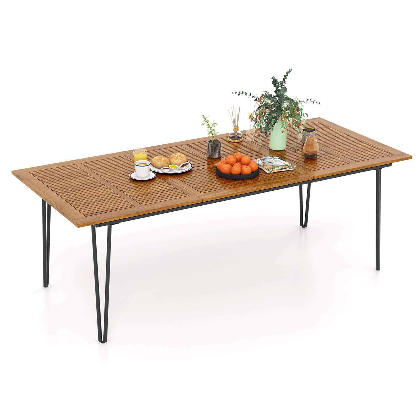 Costway - 86.5-Inch Outdoor Dining Table with Acacia Wood Tabletop & Metal Legs Umbrella Hole - Natural,Black