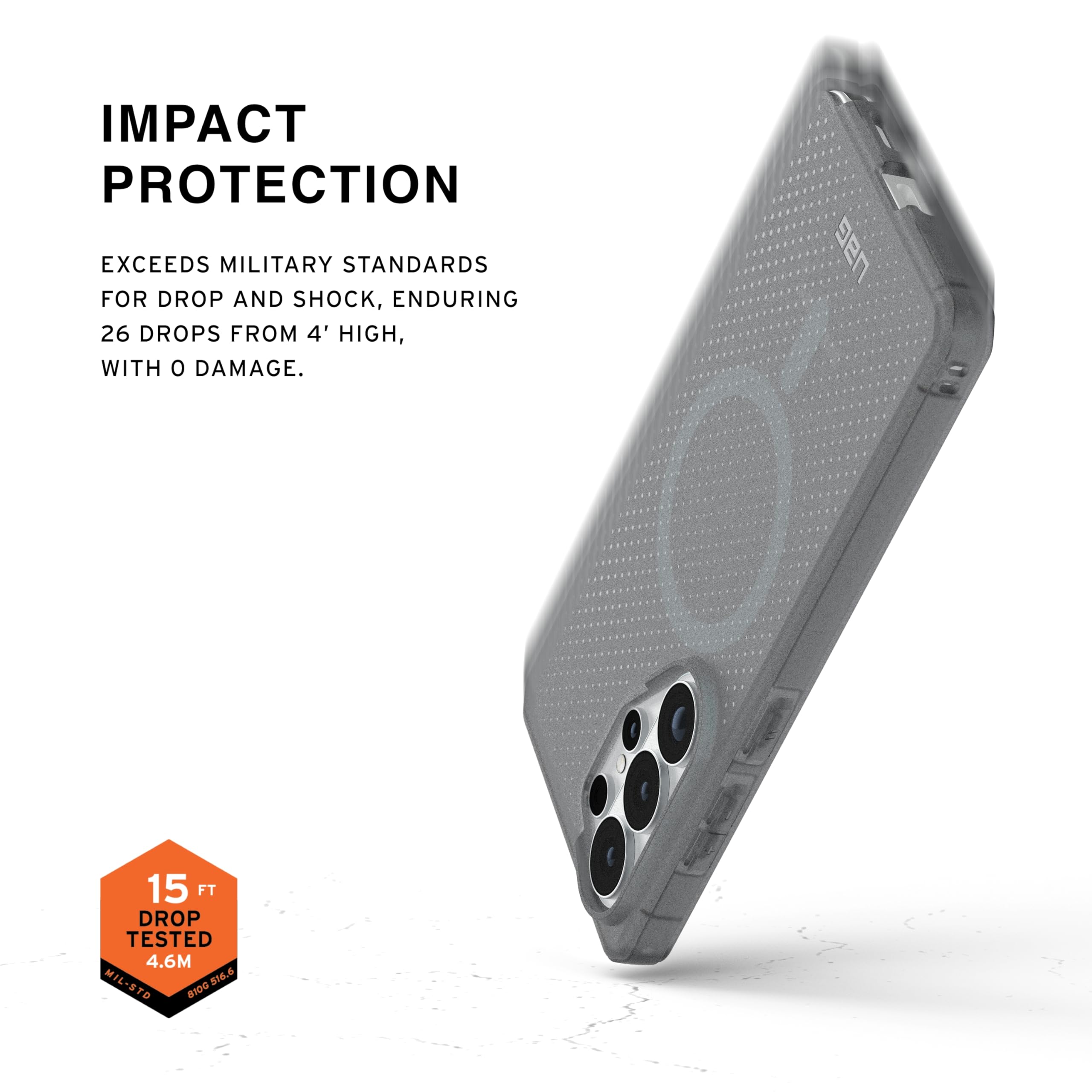 IMPACT PROTECTION

EXCEEDS MILITARY STANDARDS FOR DROP AND SHOCK, ENDURING 26 DROPS FROM 4' HIGH, WITH 0 DAMAGE.

15 FT DROP TESTED 4.6M MIL-STD-810G