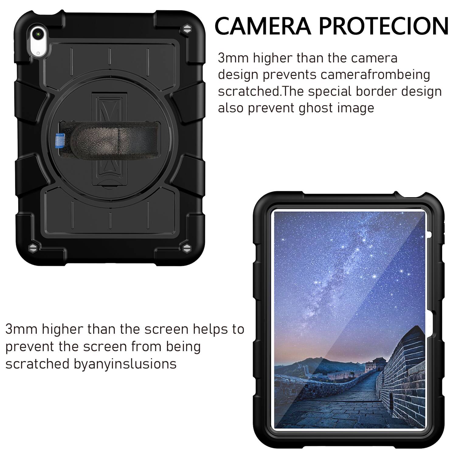 CAMERA PROTECION  
3mm higher than the camera design prevents camera from being scratched. The special border design also prevents ghost image.  

3mm higher than the screen helps to prevent the screen from being scratched by any inclusions.