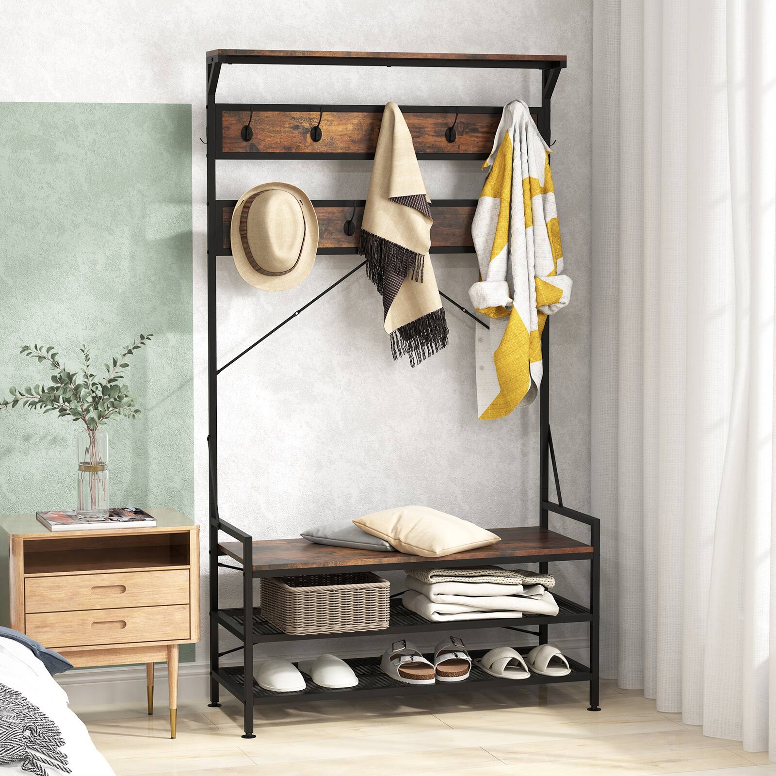 Alt View 5. Costway - Costway Coat Rack 4-In-1 Hall Tree with 11 Hanging Hooks, Shoe Bench, 2-Tier Shoe Rack, Brown - Brown.