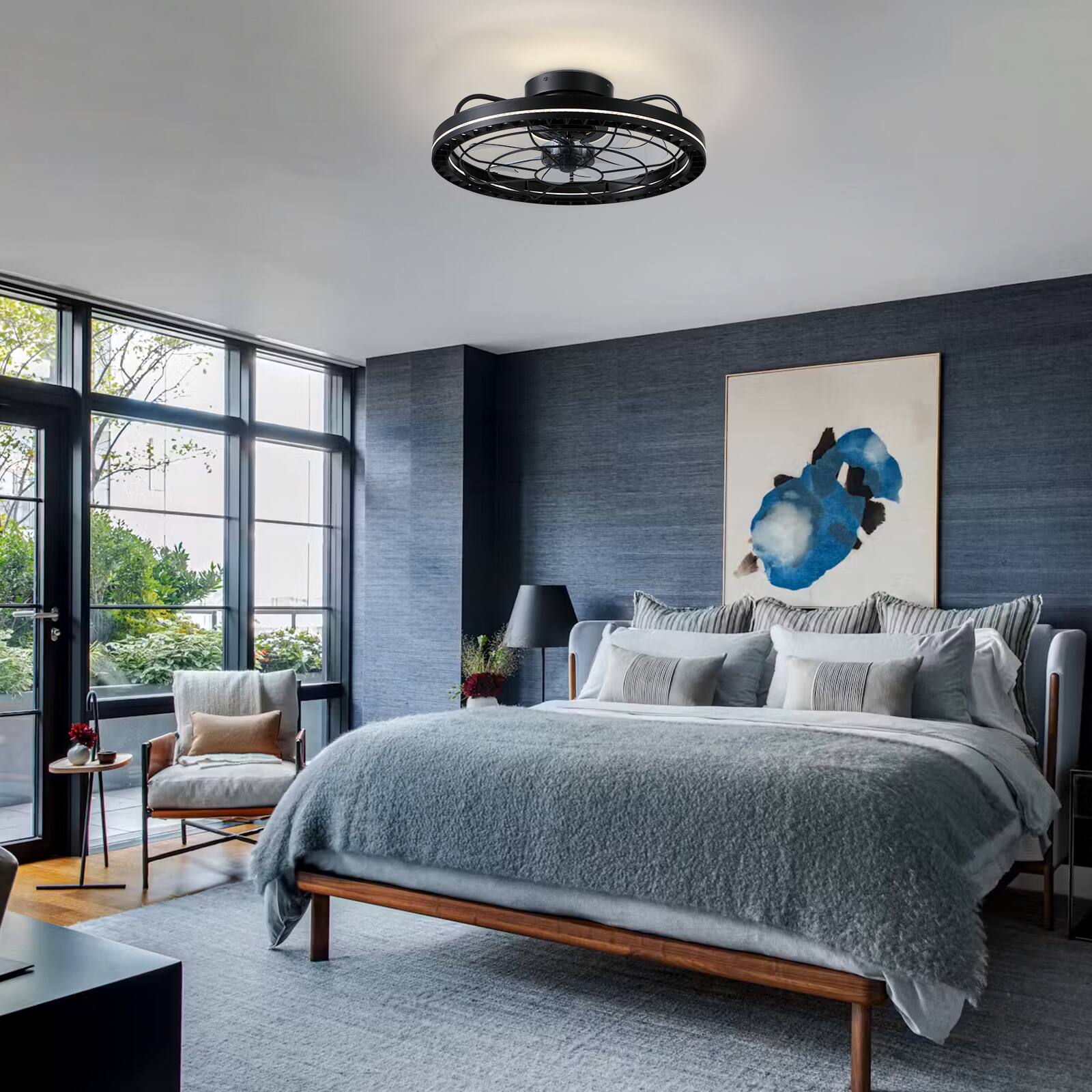 Alt View 5. Siljoy - 18.9-inch Black Iron Cage Flush Mount LED Ceiling Fan, 6-Speed Reversible Fan with Remote  APP for Bedroom Living Room - Black.