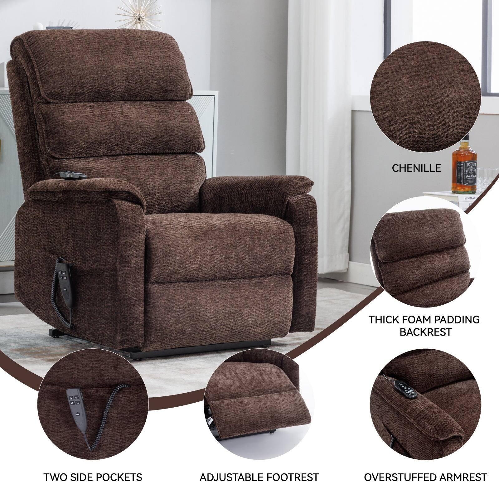 - Chenille
- Thick Foam Padding Backrest
- Two Side Pockets
- Adjustable Footrest
- Overstuffed Armrest
