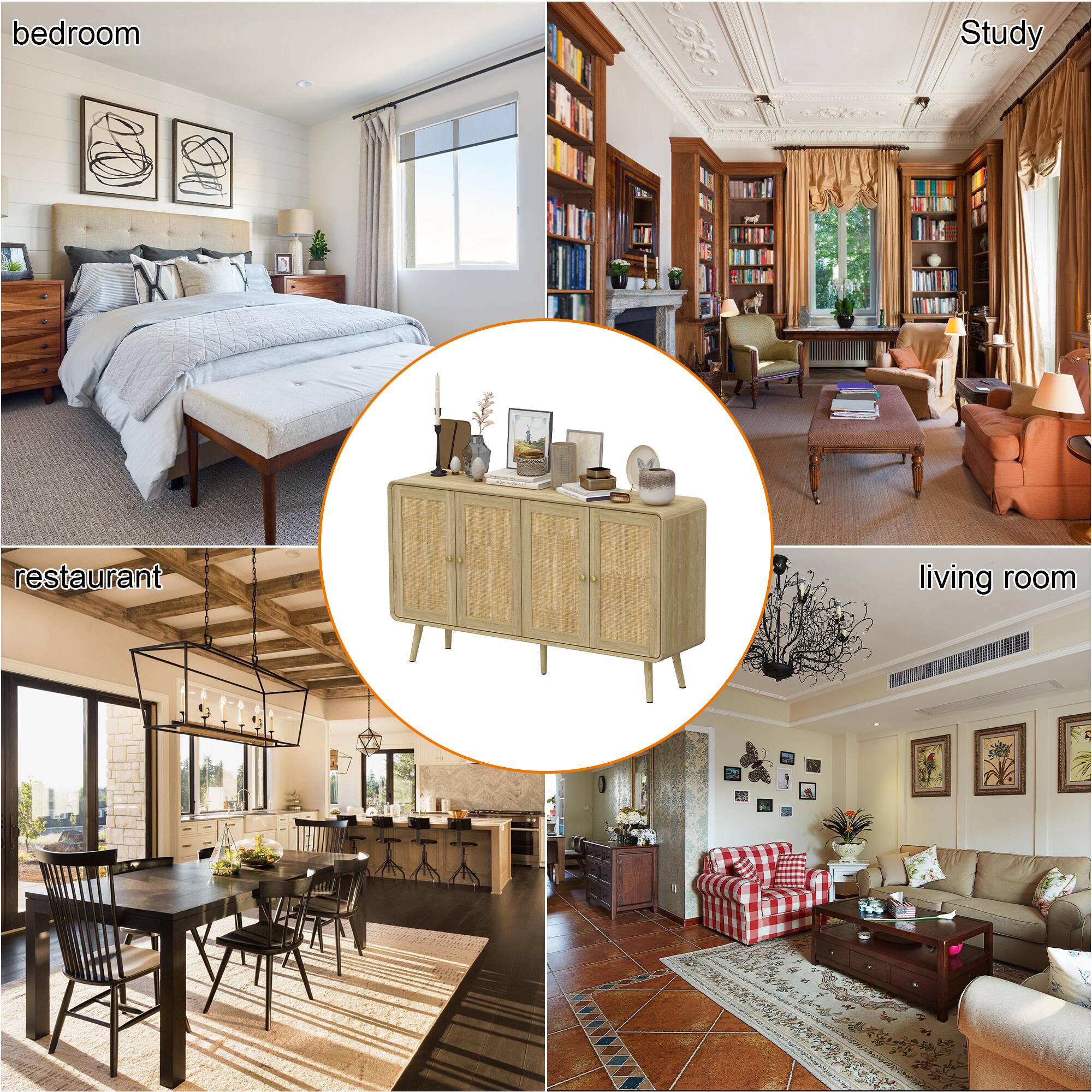 bedroom, study, restaurant, living room