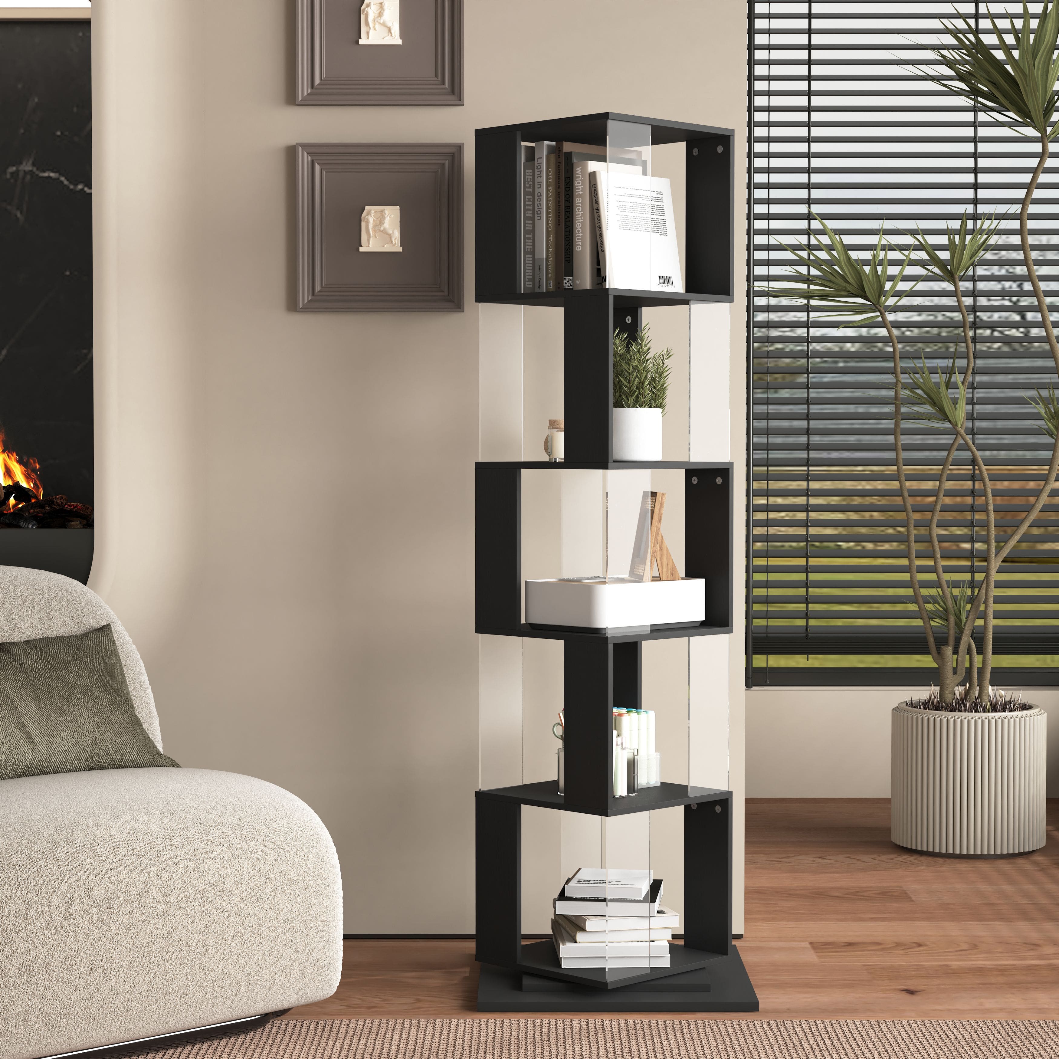 Mirfee - 5-Tier Rotating Bookshelf with Acrylic Plates, Anti-topple Base, for Living Room - Black