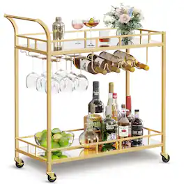 Songmics Home - Bar Cart Home Bar Serving Cart, Wine Cart with 2 Mirrored Shelves, Wine Holders, Glass Holders, for Kitchen - Gold