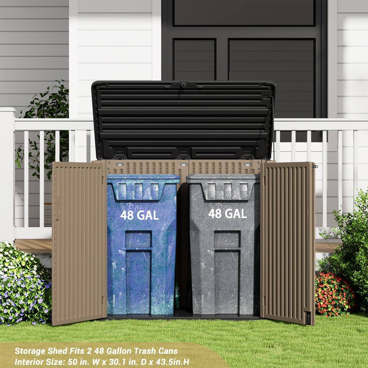 48 GAL Storage Shed Fits 2 48 Gallon Trash Cans  
Interior Size: 50 in. W x 30.1 in. D x 43.5 in. H