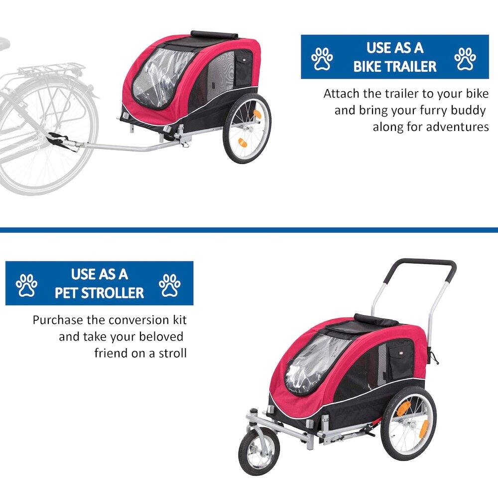 USE AS A BIKE TRAILER  
Attach the trailer to your bike and bring your furry buddy along for adventures  

USE AS A PET STROLLER  
Purchase the conversion kit and take your beloved friend on a stroll