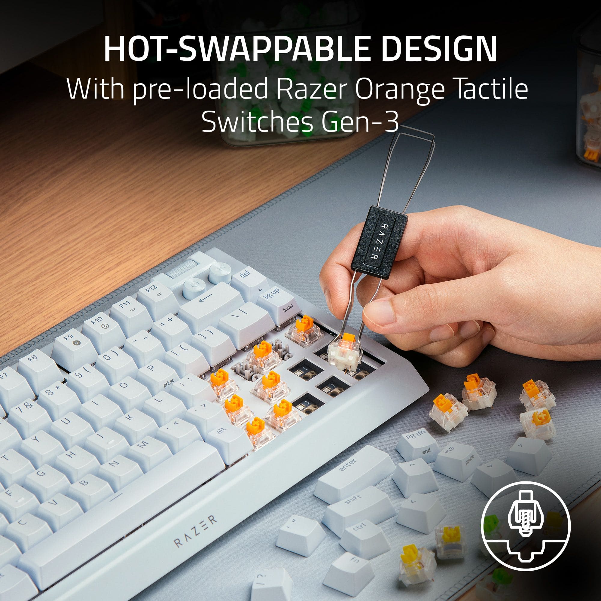 HOT-SWAPPABLE DESIGN WITH PRE-LOADED RAZER ORANGE TACTILE SWITCHES GEN-3
F12 - Ctrl - E - F11 - I - F10 - Pgdn - End - Shift - Ctrl - Fn - Home - End - Pgup - B - V - U - RAZER - Agup - Enter - Staft - Ctrl - Fn - Pgdn - Dn - End