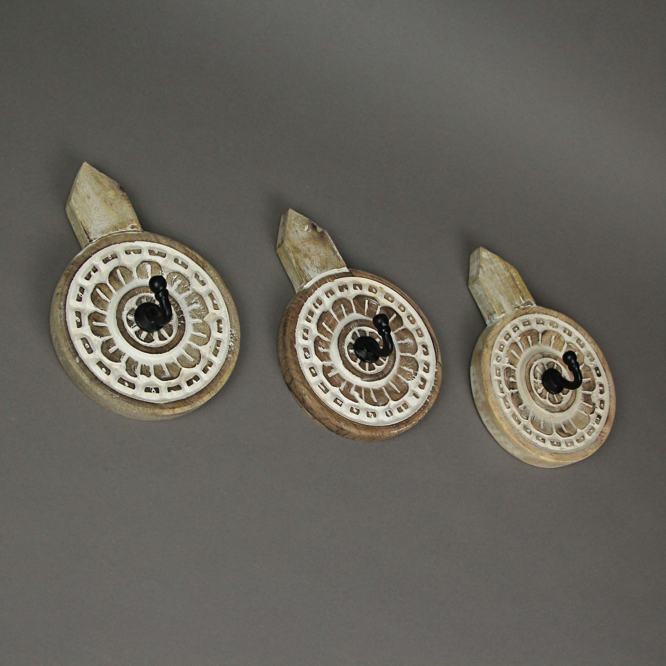 Alt View 3. Things2Die4 - Set of 3 Hand Carved Wooden Wall Hooks Decorative Floral Coat Towel Hanging Art - Brown.