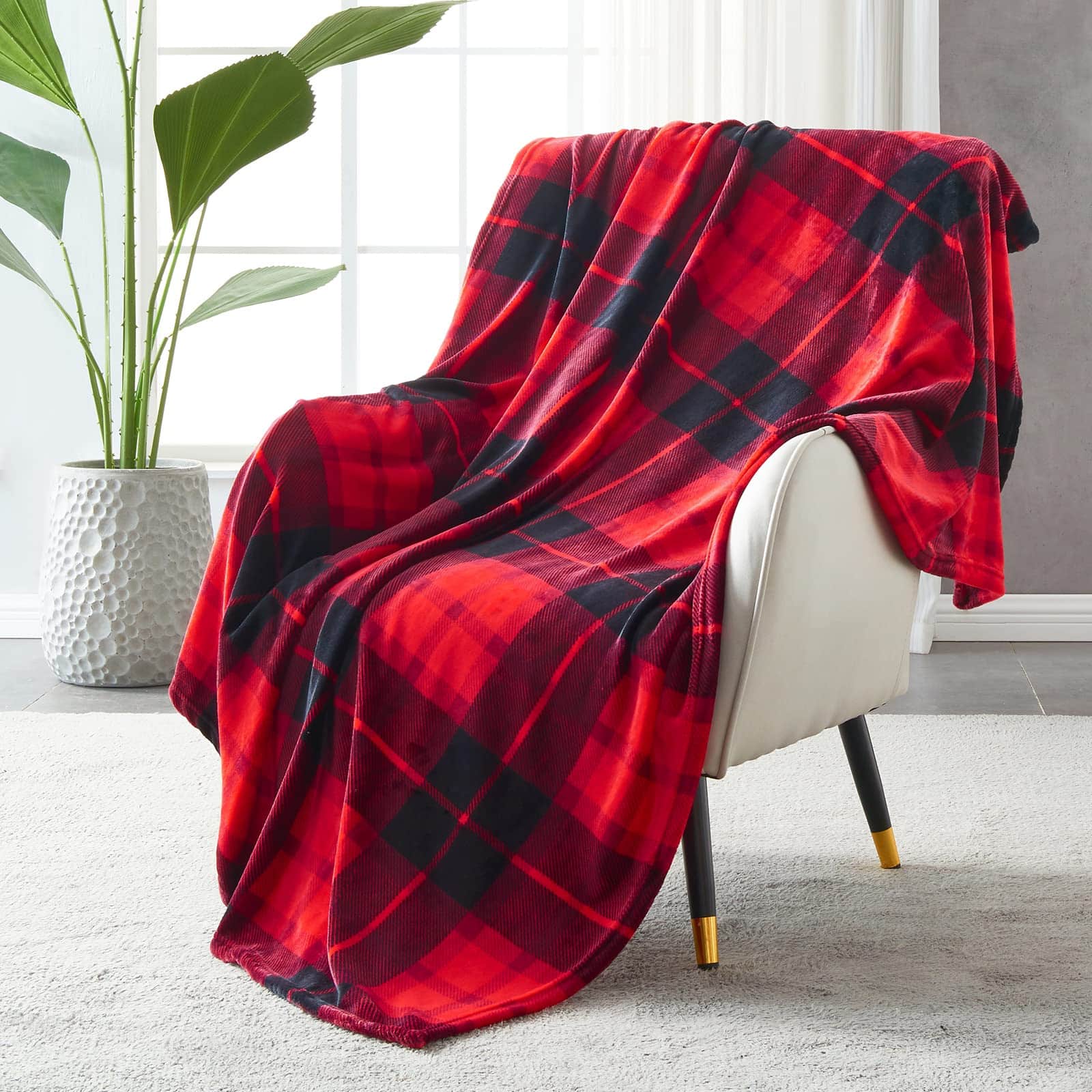 Pacoar Cade - Plaid Flannel Fleece Throw Blanket 60 X 80 Inches Soft Lightweight Cozy All Season Orange Checkered For Bed Couch Car - Red-60"×80"