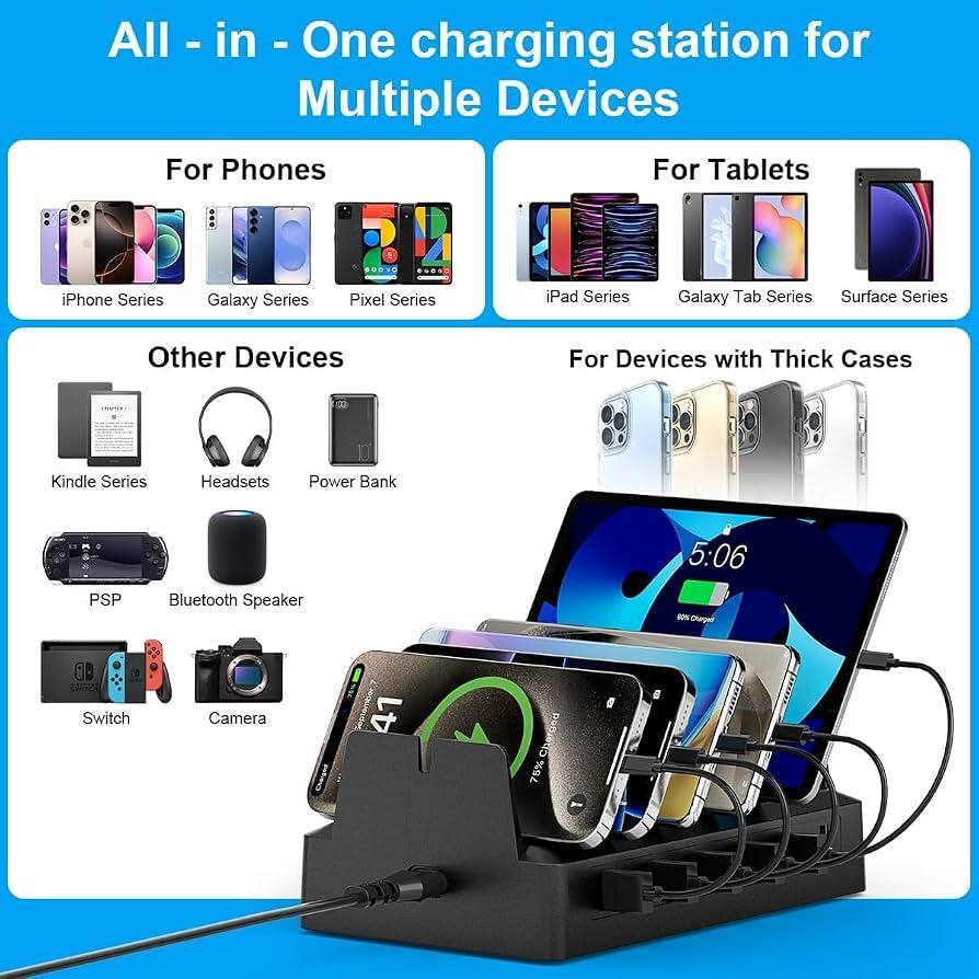 All in One charging station for Multiple Devices

For Phones
- iPhone Series
- Galaxy Series
- Pixel Series

For Tablets
- iPad Series
- Galaxy Tab Series
- Surface Series

Other Devices
- Kindle Series
- Headsets
- Power Bank
- PSP
- Bluetooth Speaker
- Switch
- Camera

For Devices with Thick Cases

5:06 Charged
75% Charged