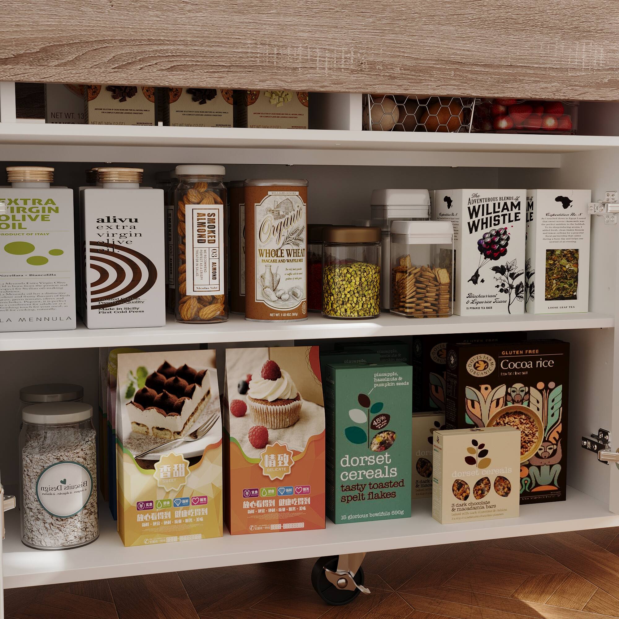 NET WT 13 - XTRA VIRGIN OLIVE OIL  
alivu extra virgin olive oil  
WHOLE WHEAT INMABLIN  
ADVENTUROUS BLENDS OF WILLIAM WHISTLE  
LA MENNULA  
Cocoa rice  
GLUTEN FREE  
dorset cereals  
tasty toasted spelt flakes  
600g