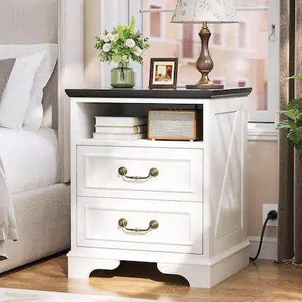 Front. Aheaplus - Farmhouse Rustic Charging Nightstand: 2 USB Ports, 3 AC Outlets, 2 Drawers + Open Shelf for Bedroom/Living Room - Rustic White.