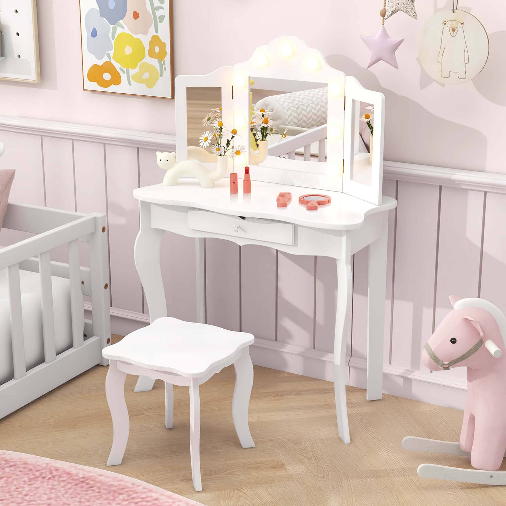 Alt View 1. Costway - Costway Makeup Vanity Set with Tri-Fold Mirror & LED Lights Vanity Desk and Stool Set - White.