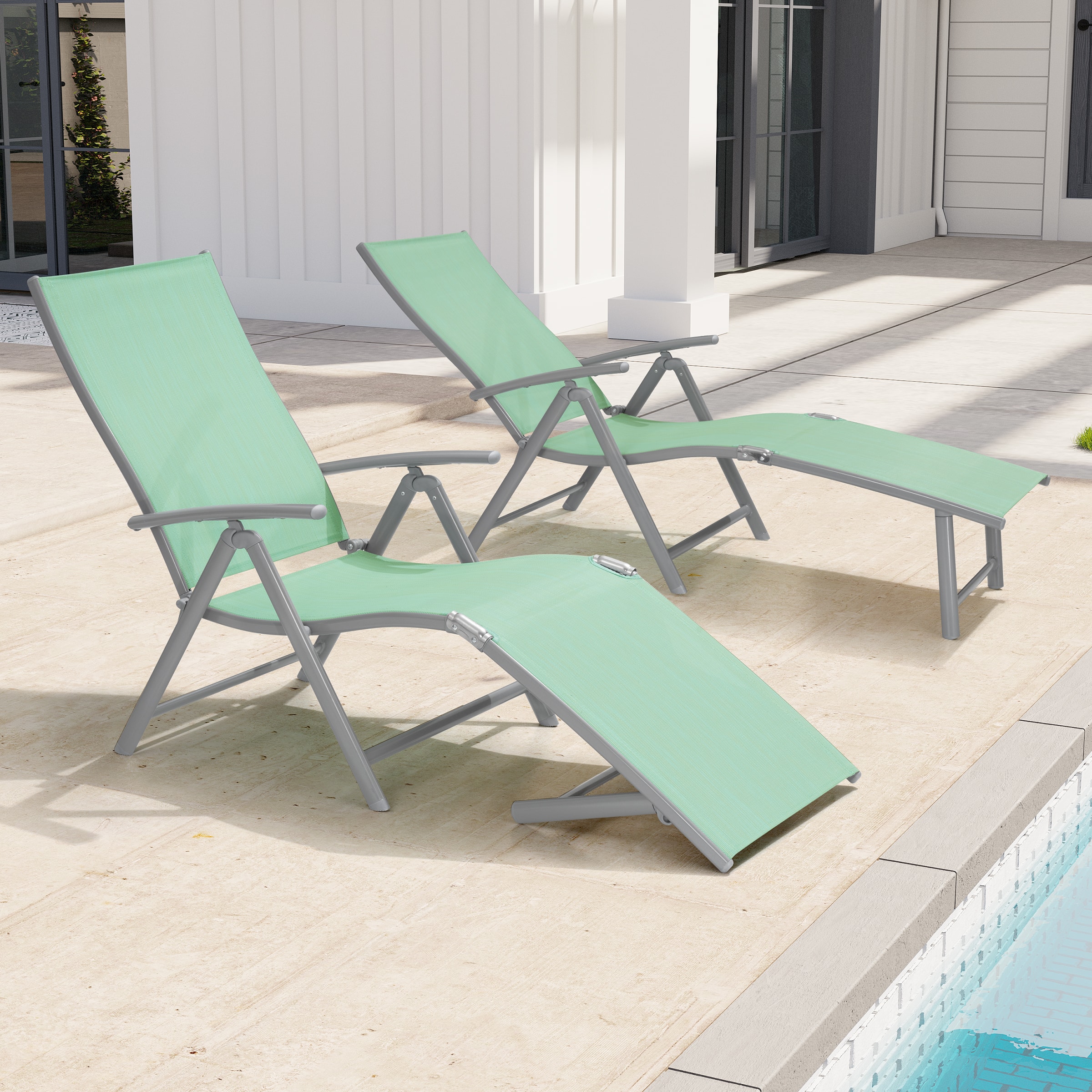 Crestlive Products - Outdoor Aluminum Folding Recliner Adjustable Chaise Lounge (Set of 2) - Green