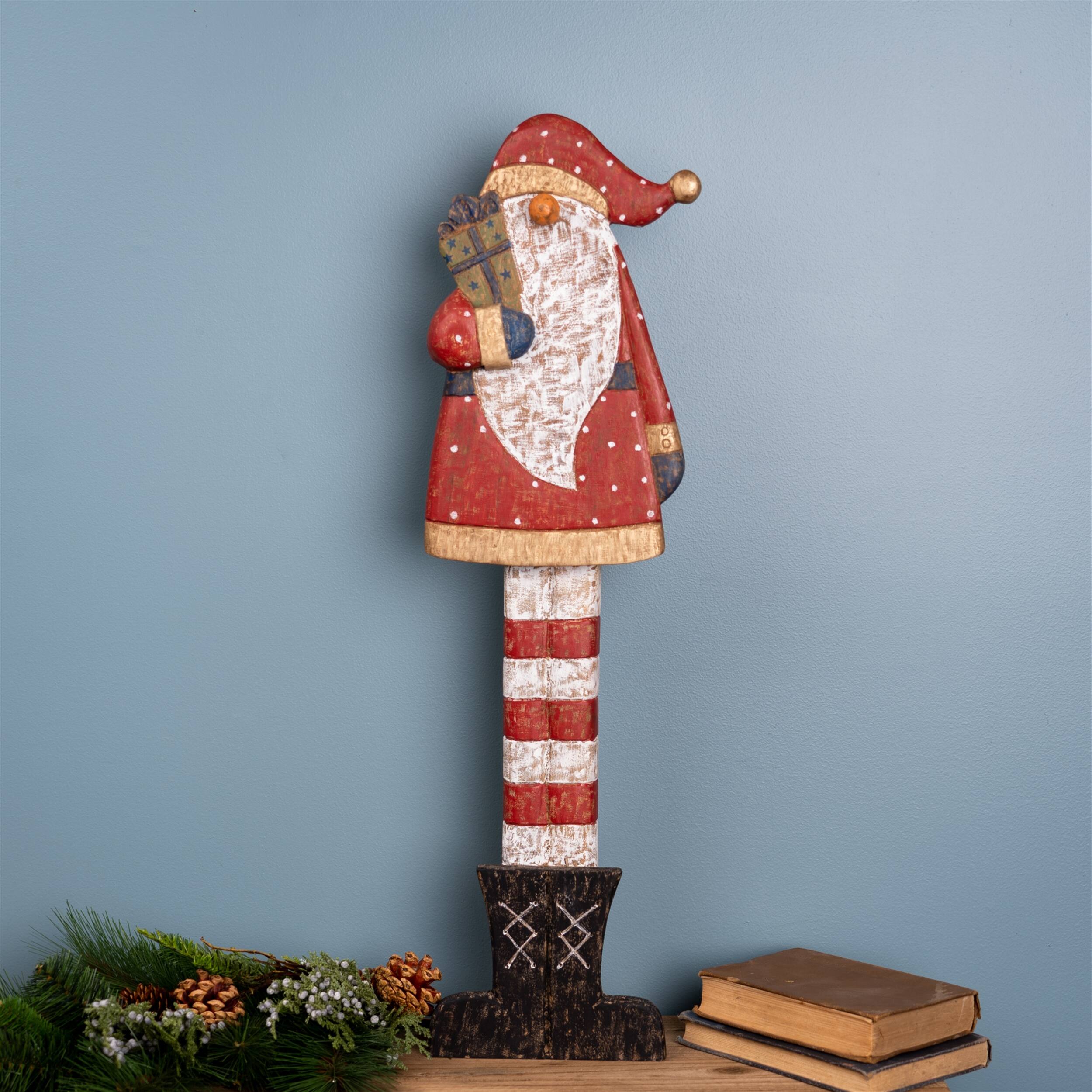 Angle. BreeBe - Tall Wooden Santa with Presents 30"H - Red, White.