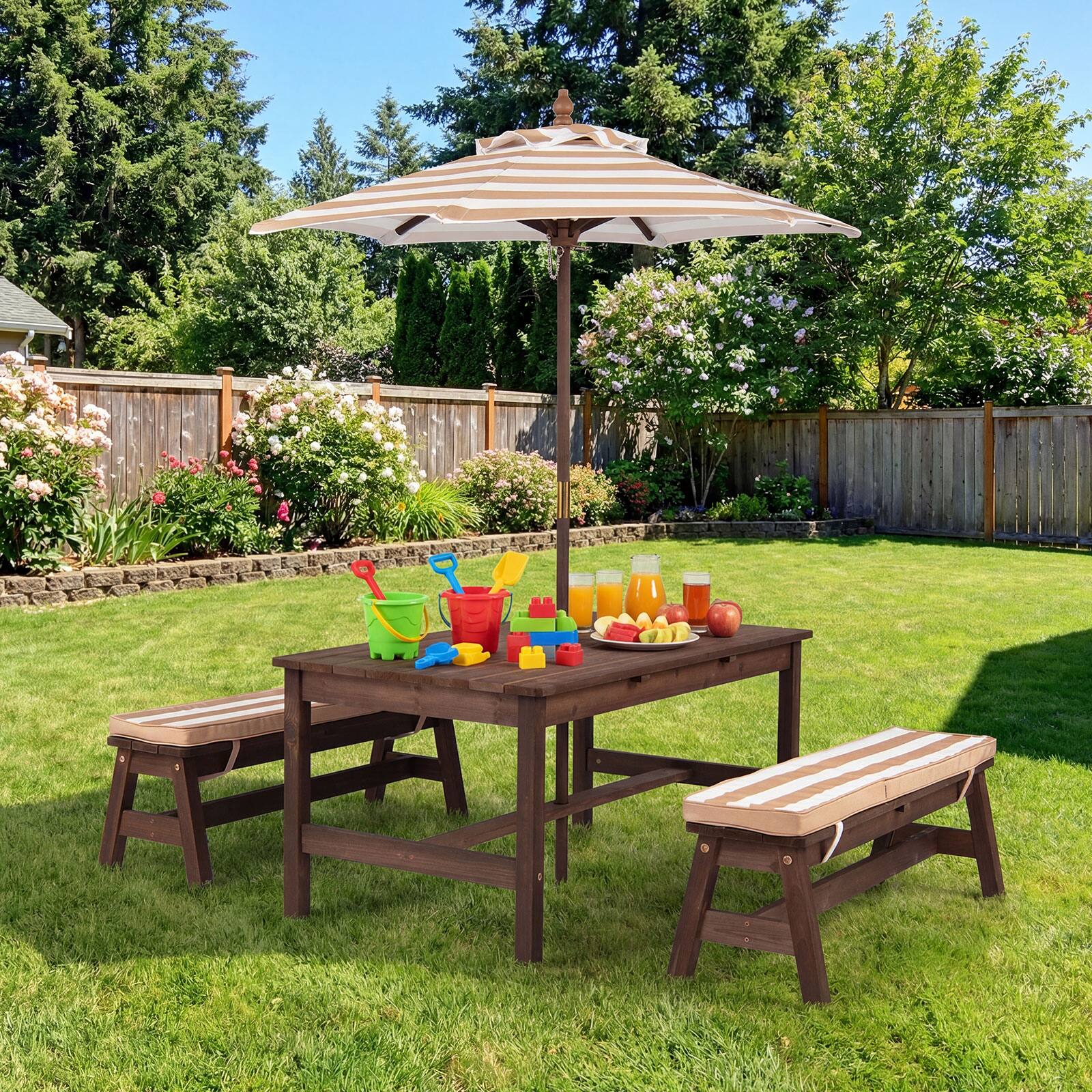 Alt View 4. Gymax - Gymax Kids Picnic Table Outdoor Wooden Table & Bench Set with Removable Umbrella - Coffee.