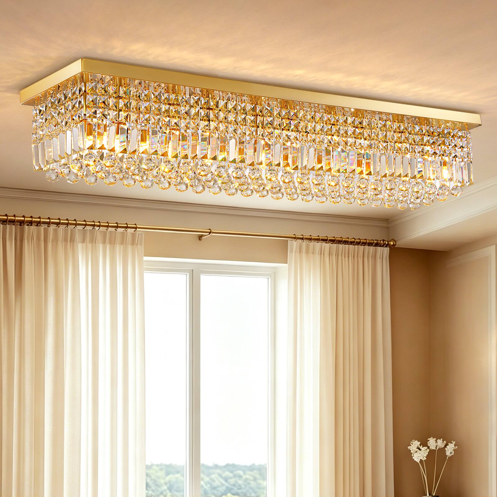 Angle. Siljoy - 47.2-icnh 10-Light Gold K9 Crystal Chandelier, Dimmable E12 Flush Mount for Dining Kitchen Living Room - Gold.