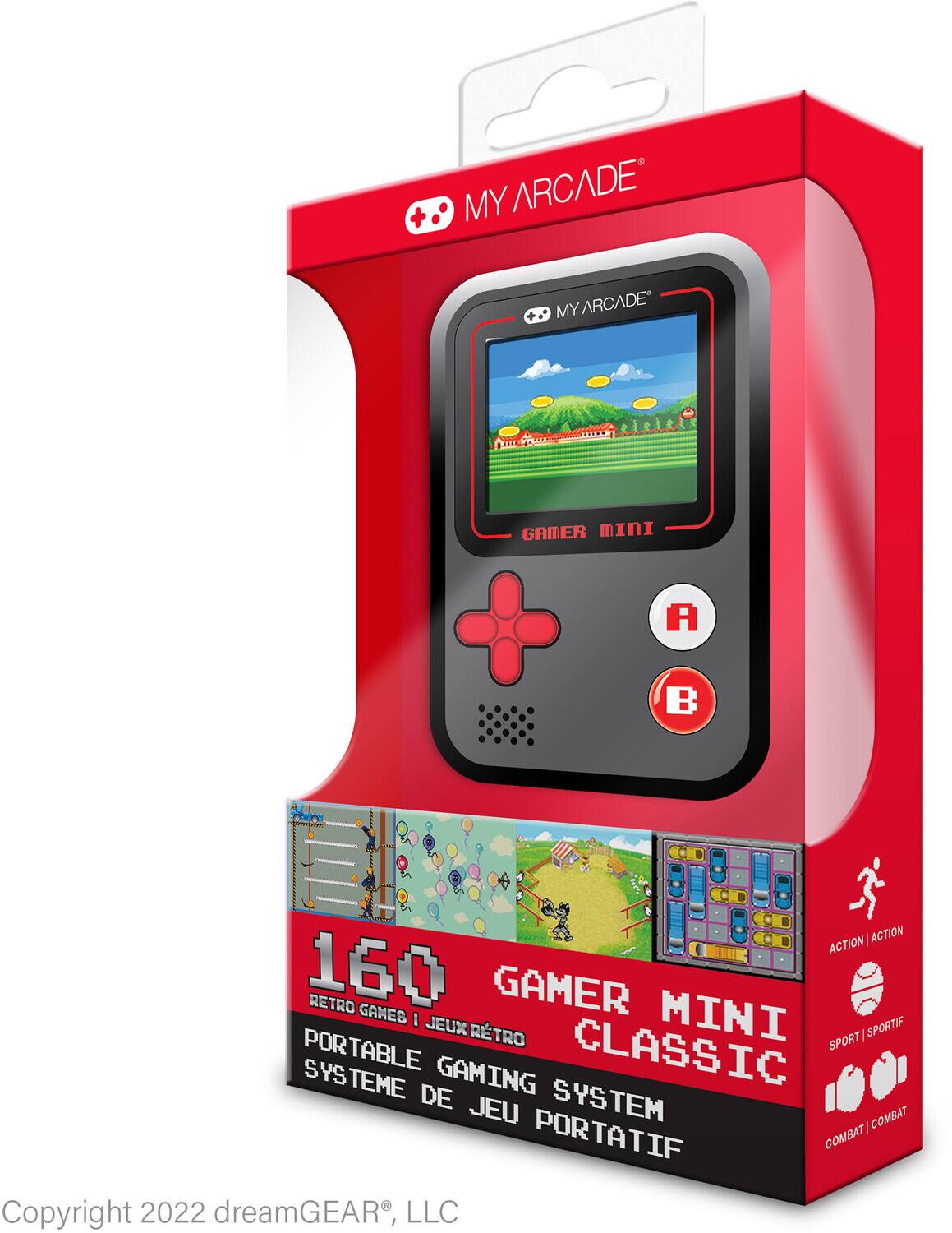 MY ARCADE  
GAMER MINI  
160 RETRO GAMES  
PORTABLE GAMING SYSTEM  
ACTION / ACTION  
SPORT / SPORTIF  
COMBAT / COMBAT  

Copyright 2022 dreamGEAR, LLC