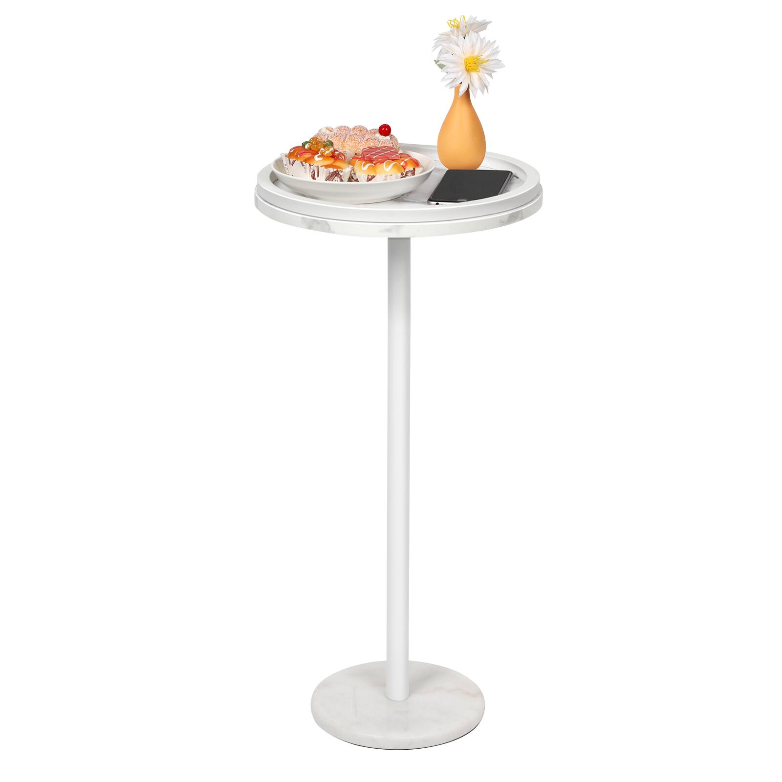 Front. Oumilen - White Marble Round Side Table with Raised Edge - White.