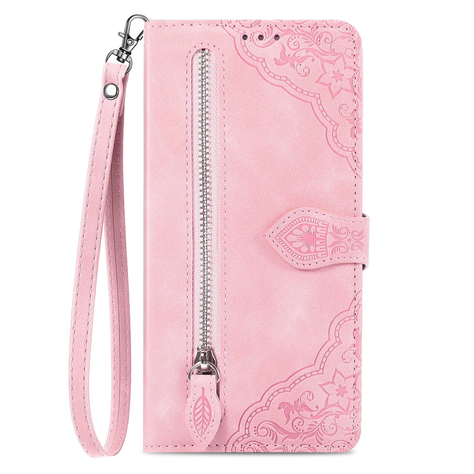 Angle. Dteck - for Samsung Galaxy S26 Ultra Wallet Case,Folio Shockproof PU Leather Card Holder Cover with Zipper Pocket & Wrist Strap - Pink.
