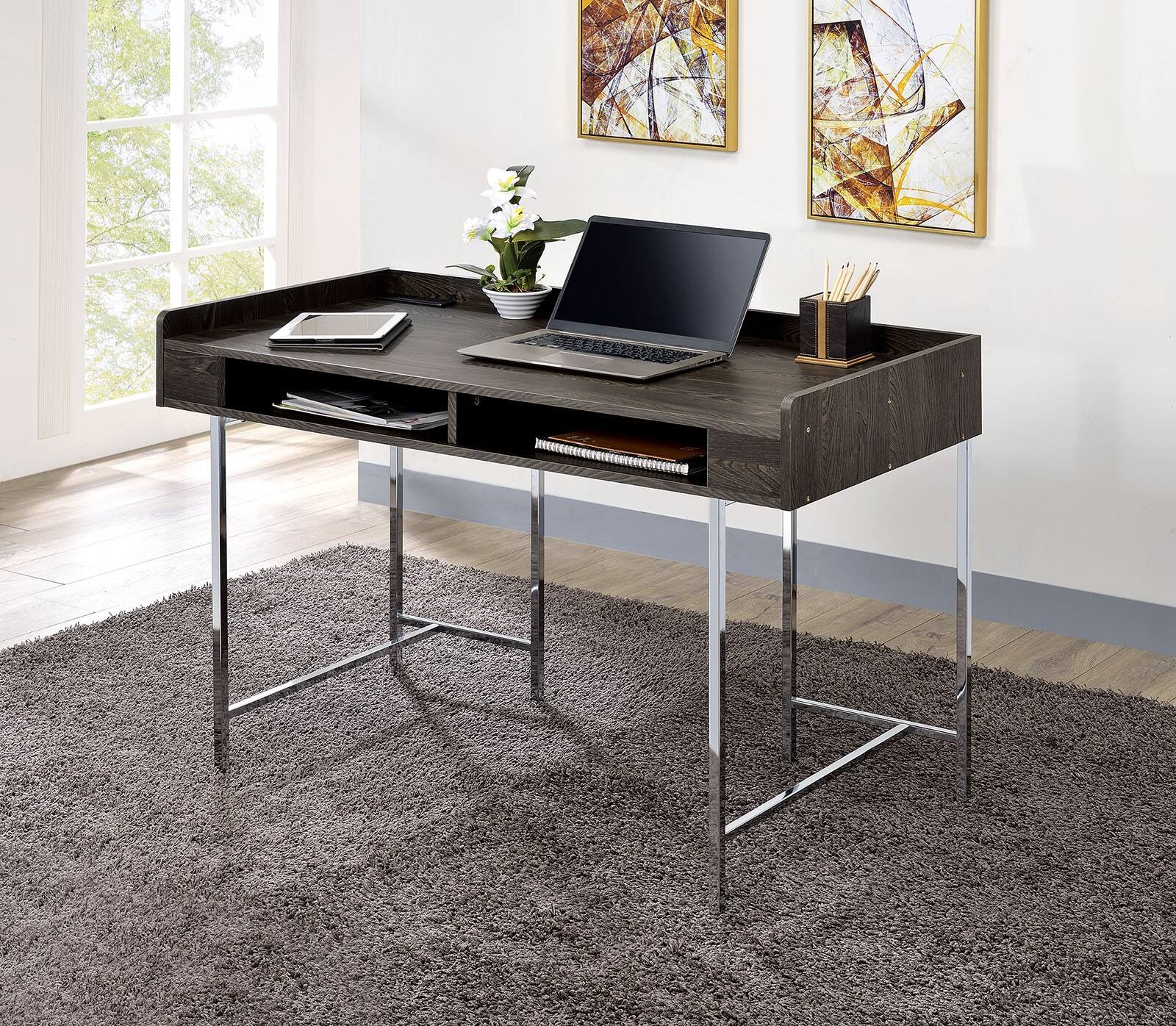 Front. APRILSOUL - Modern Contemporary USB Supported Computer Desk With Drawer Space Providing Storage Wood And Steel Construction - Brown,Chrome.