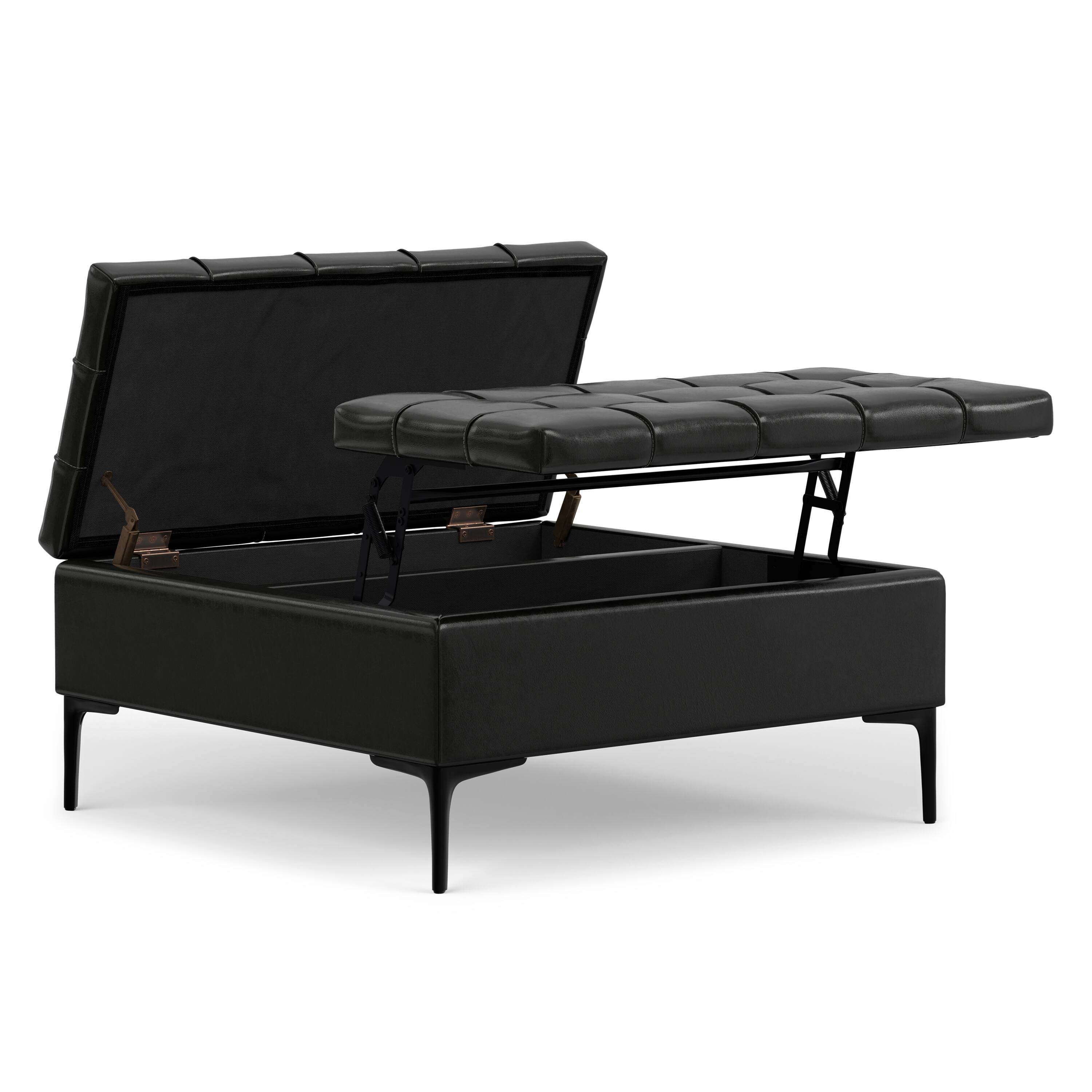 Back. Simpli Home - Laura 36 inch Transitional Square Mid Century Lift Top Storage Ottoman in Midnight Black Vegan Faux Leather, Assembled - Midnight Black.