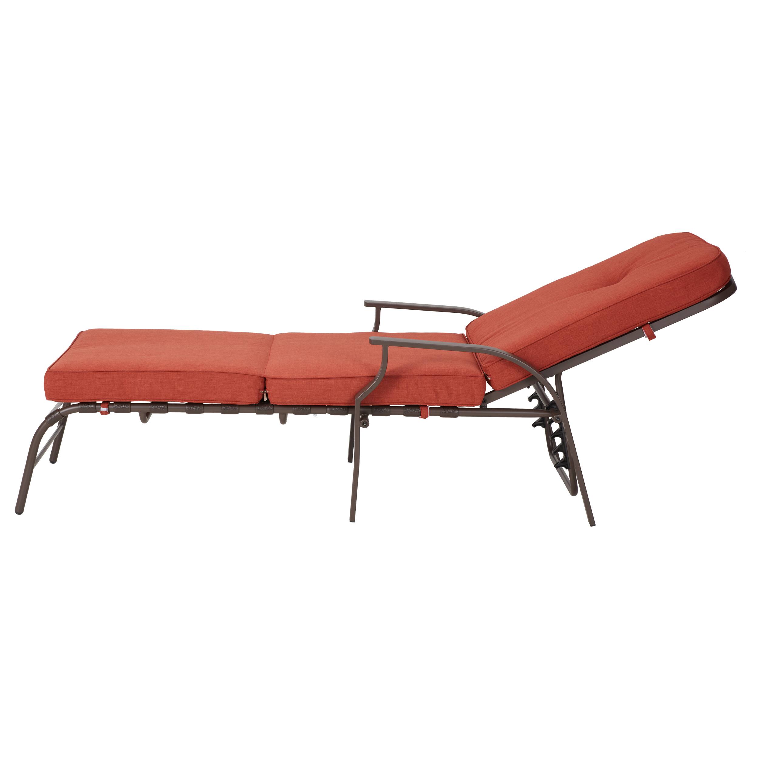 Back. Mondawe - Adjustable Outdoor Chaise Lounge with Armrest and Cushion - Orange Red.