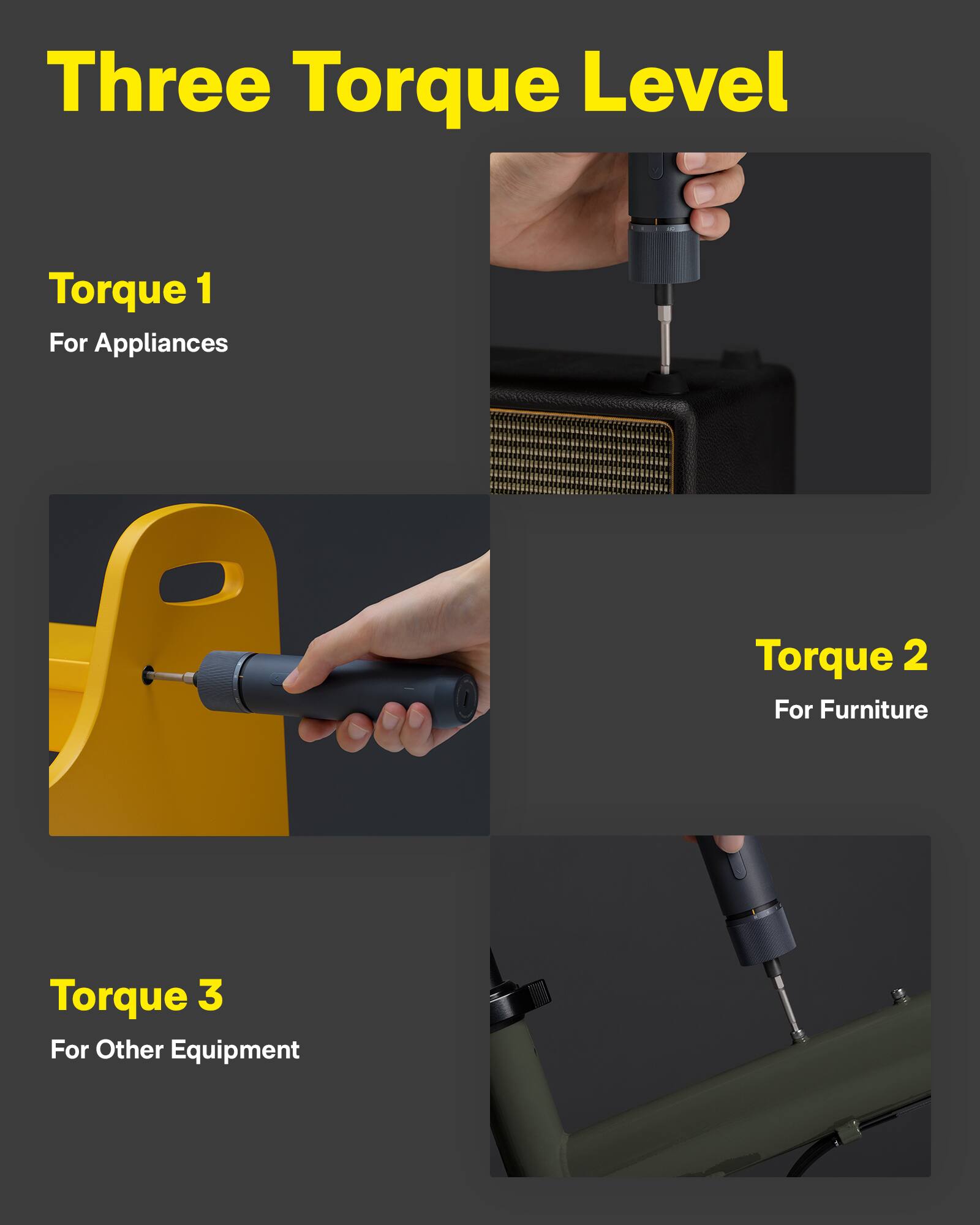 Three Torque Level:

1. Torque 1: For Appliances
2. Torque 2: For Furniture
3. Torque 3: For Other Equipment