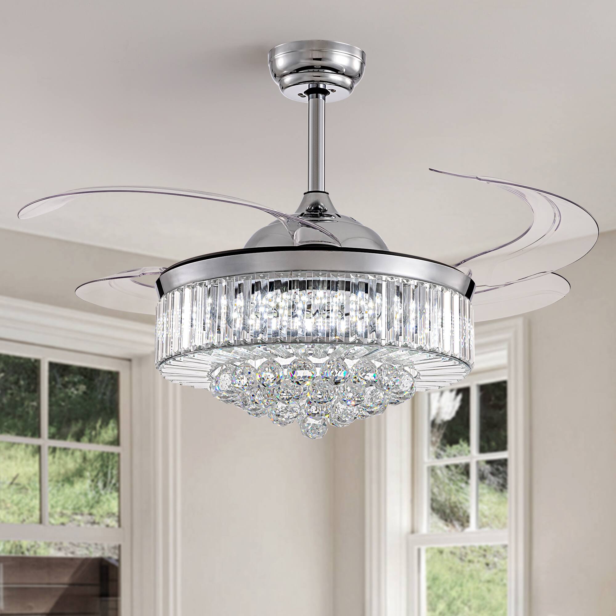 Angle. Siljoy - 48 Inch Modern Crystal Retractable LED Ceiling Fan, Invisible Blade Chandelier Fan for Indoor Use - Chrome.