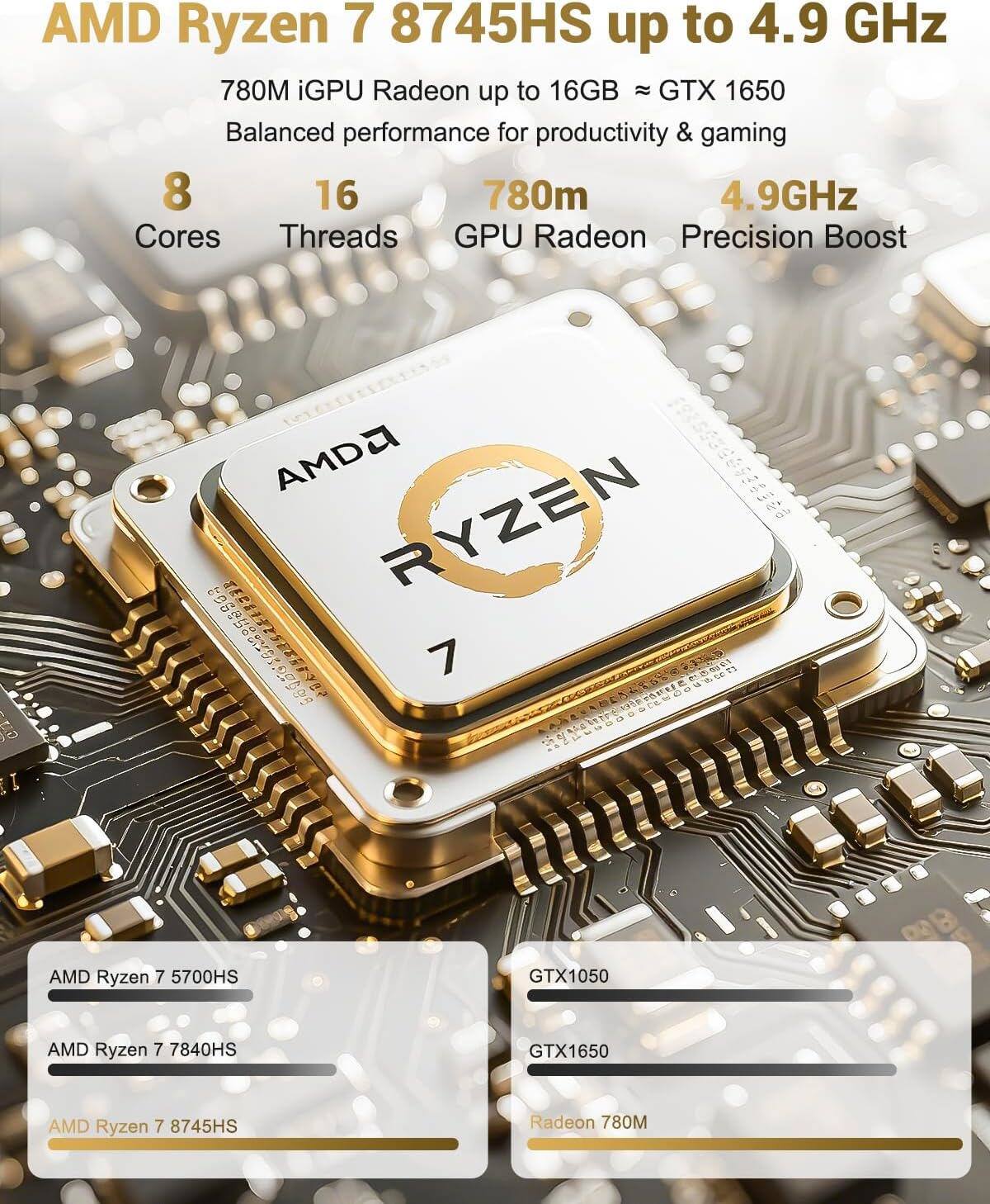 AMD Ryzen 7 8745HS up to 4.9 GHz  
780M iGPU Radeon up to 16GB ≈ GTX 1650  
Balanced performance for productivity & gaming  

8 Cores  
16 Threads  
780M GPU Radeon  
4.9GHz Precision Boost  

AMD Ryzen 7 5700HS  
AMD Ryzen 7 7840HS  
AMD Ryzen 7 8745HS  

GTX1050  
GTX1650  
Radeon 780M