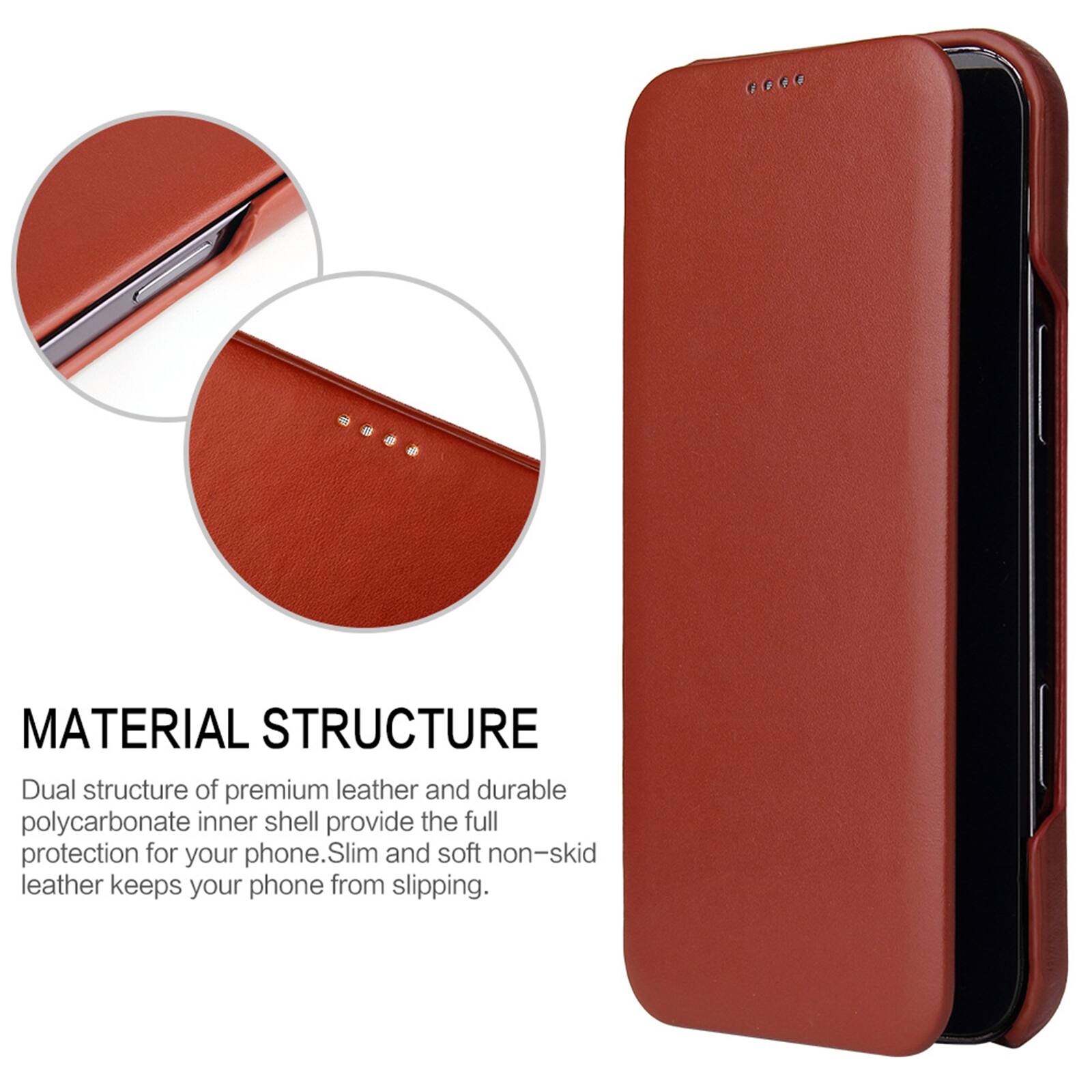 GOOD

MATERIAL STRUCTURE

Dual structure of premium leather and durable polycarbonate inner shell provide the full protection for your phone. Slim and soft non-skid leather keeps your phone from slipping.