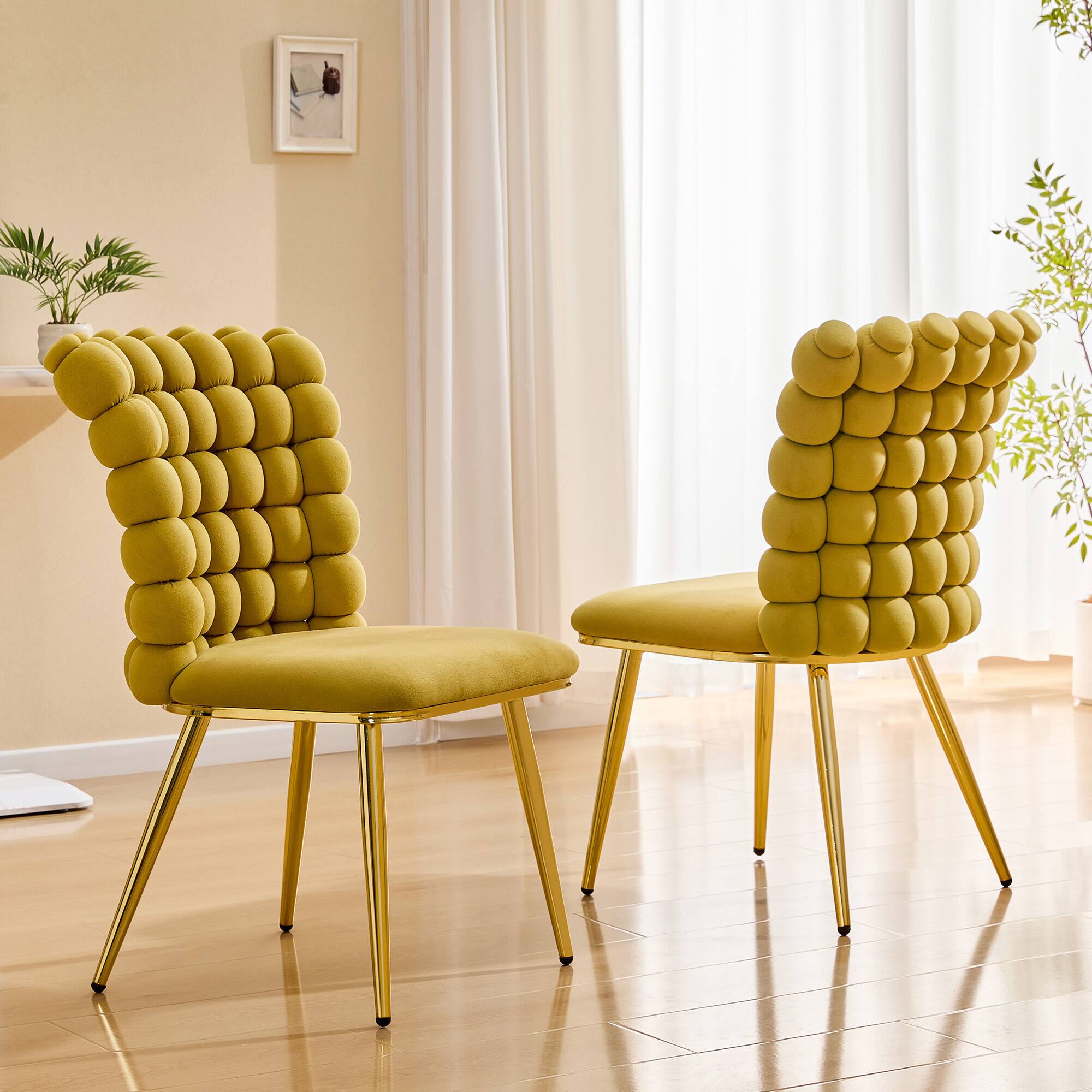 Back. Loheer - Loheer Accent Dining Chair Tufted Upholstered Vanity Chair with Gold Legs 1.6 ft - Gold,Yellow.