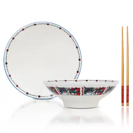 Sure, here is the corrected and grouped text from the image:
**Plate:**
- "SPIDER-MAN"
- "SPIDER-MAN"
- "SPIDER-MAN"
- "SPIDER-MAN"
- "SPIDER-MAN"
- "SPIDER-MAN"
- "SPIDER-MAN"
- "SPIDER-MAN"
**Bowl:**
- "SPIDER-MAN"
- "SPIDER-MAN"
- "SPIDER-MAN"
- "SPIDER-MAN"
**Chopsticks:**
- "SPIDER-MAN"
- "SPIDER-MAN"
The text is repeated around the rim of the plate, the bowl, and the chopsticks.