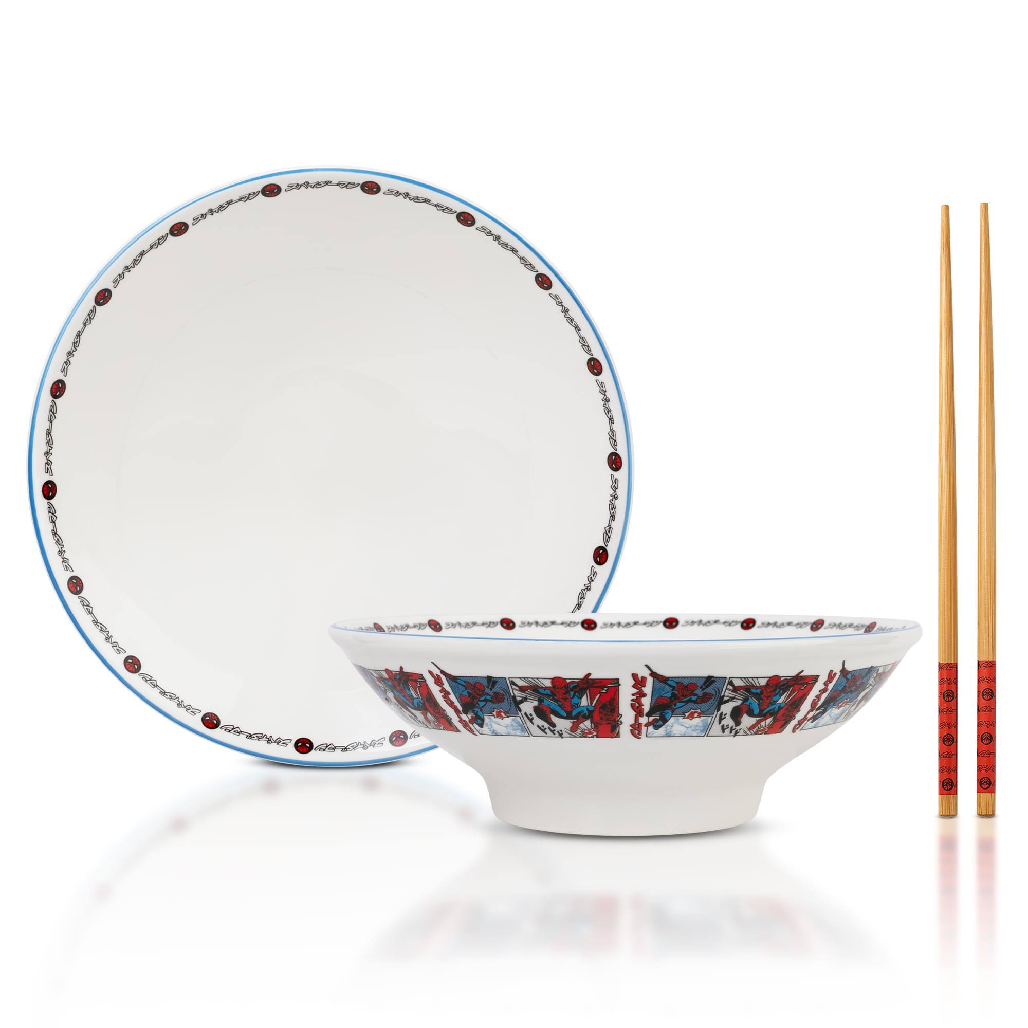 Sure, here is the corrected and grouped text from the image:

**Plate:**
- "SPIDER-MAN"
- "SPIDER-MAN"
- "SPIDER-MAN"
- "SPIDER-MAN"
- "SPIDER-MAN"
- "SPIDER-MAN"
- "SPIDER-MAN"
- "SPIDER-MAN"

**Bowl:**
- "SPIDER-MAN"
- "SPIDER-MAN"
- "SPIDER-MAN"
- "SPIDER-MAN"

**Chopsticks:**
- "SPIDER-MAN"
- "SPIDER-MAN"

The text is repeated around the rim of the plate, the bowl, and the chopsticks.