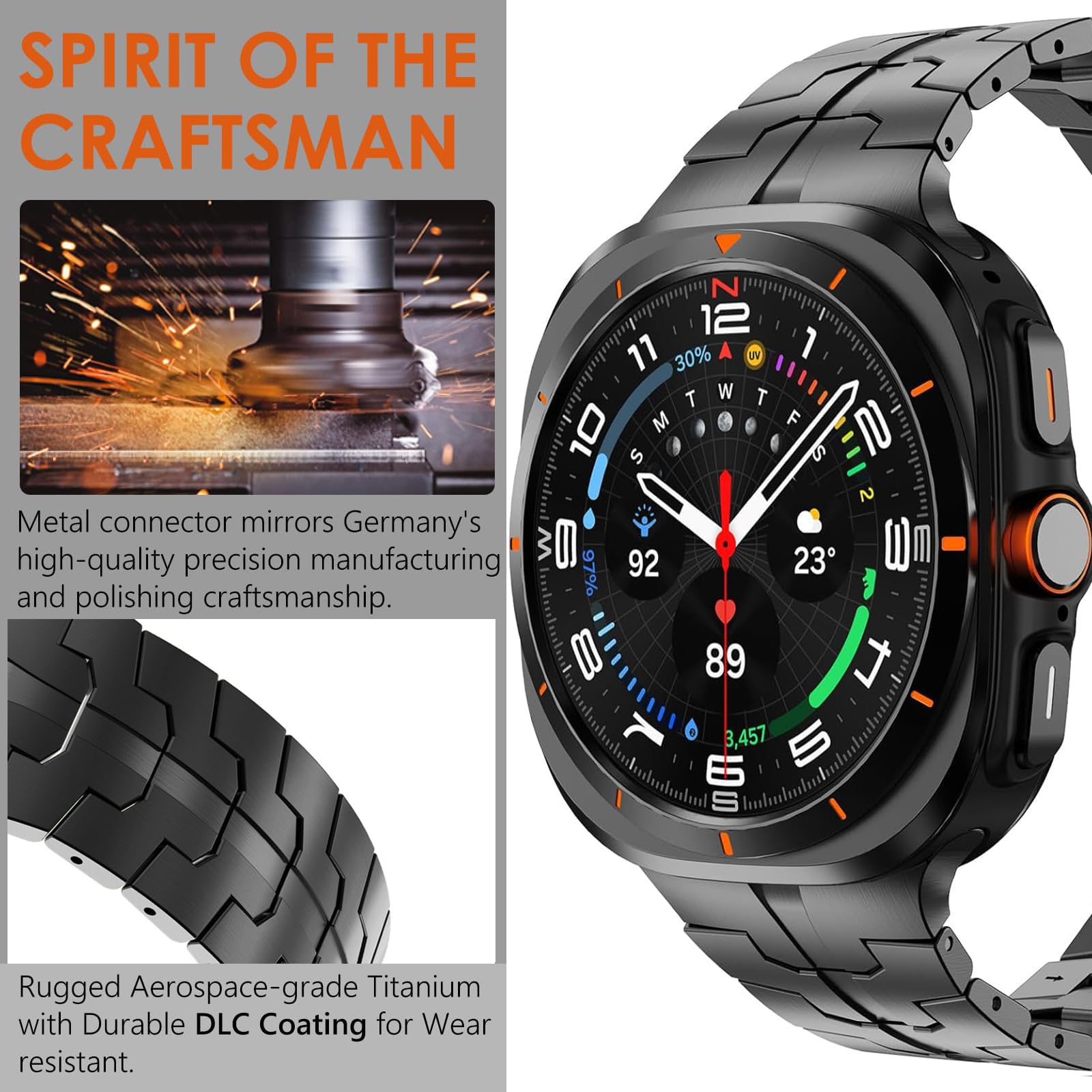 SPIRIT OF THE CRAFTSMAN

Metal connector mirrors Germany's high-quality precision manufacturing and polishing craftsmanship.

Rugged Aerospace-grade Titanium with Durable DLC Coating for Wear resistant.