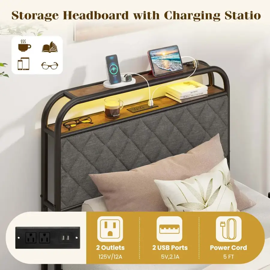 Storage Headboard with Charging Station: 2 Outlets, 125V/12A, 2 USB Ports, 5V, 2.1A Power Cord, 5 FT