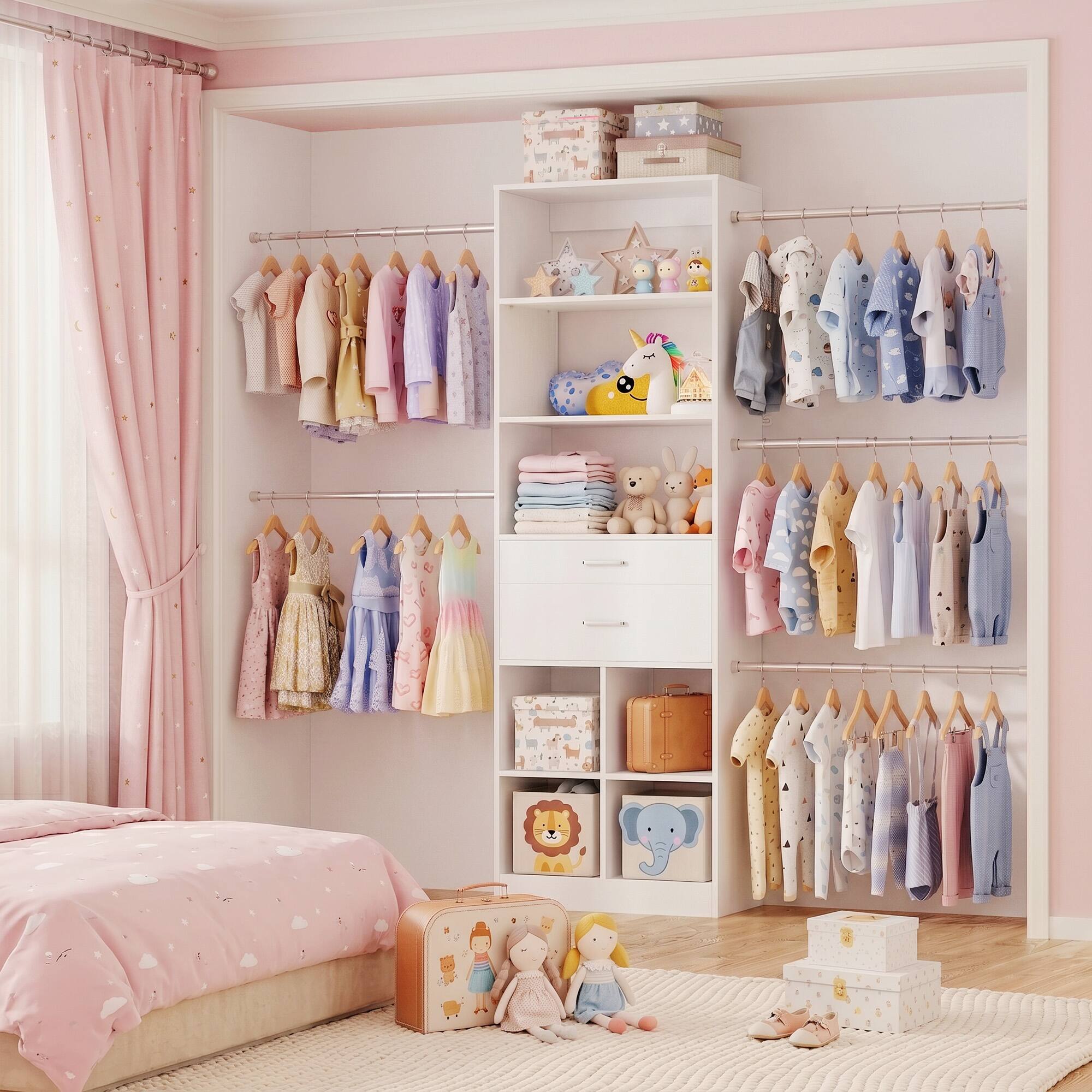Alt View 2. Aheaplus - Small Closet System, 3.2-6.8FT Adjustable Closet Organizer with 2 Drawers & 5 Hanging Rods - White.