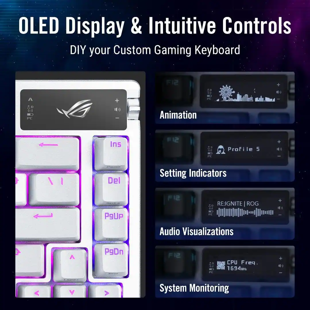 OLED Display & Intuitive Controls  
DIY your Custom Gaming Keyboard  

Animation  
Setting Indicators  
Audio Visualizations  
System Monitoring  

F12  
A D  
Ins Del  
PgUp PgDn  

RE:IGNITE | ROG  
CPU Freq 1694 MHz