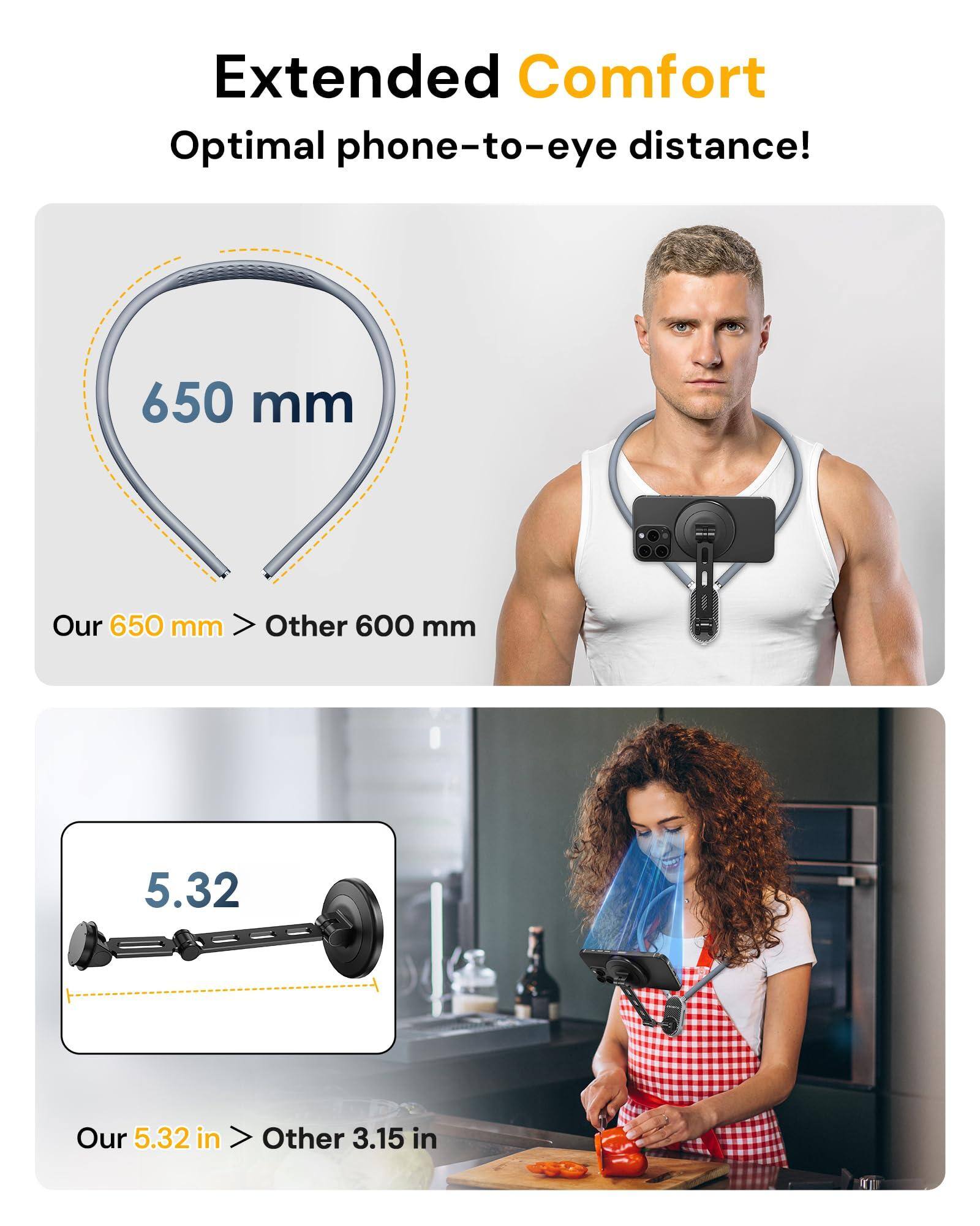 Extended Comfort  
Optimal phone-to-eye distance!  

Our 650 mm > Other 600 mm  

Our 5.32 in > Other 3.15 in
