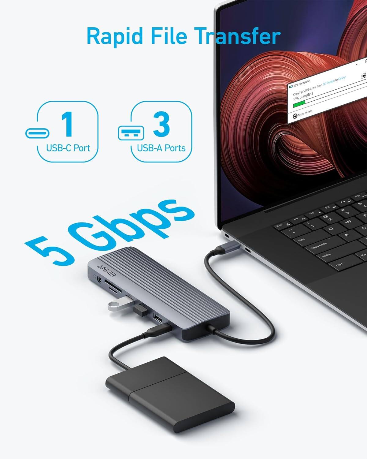 Rapid File Transfer

1 USB-C Port

3 USB-A Ports

5 Gbps

ANKER