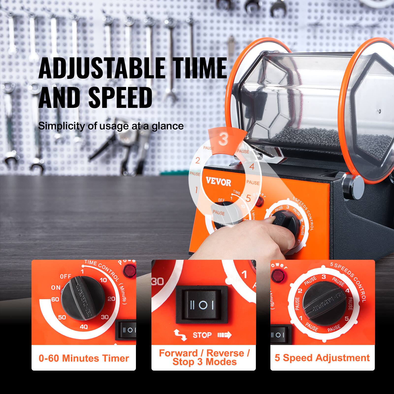 ADJUSTABLE TIME AND SPEED  
Simplicity of usage at a glance

1. 0-60 Minutes Timer
2. Forward / Reverse / Stop 3 Modes
3. 5 Speed Adjustment

VEVOR  
TIME CONTROL (Minute)  
OFF 1 10 20 30 40 50 60  
PAUSE PAUSE PAUSE PAUSE PAUSE PAUSE PAUSE  
POWER  
5 SPEEDS CONTROL  
PAUSE PAUSE PAUSE PAUSE PAUSE PAUSE PAUSE