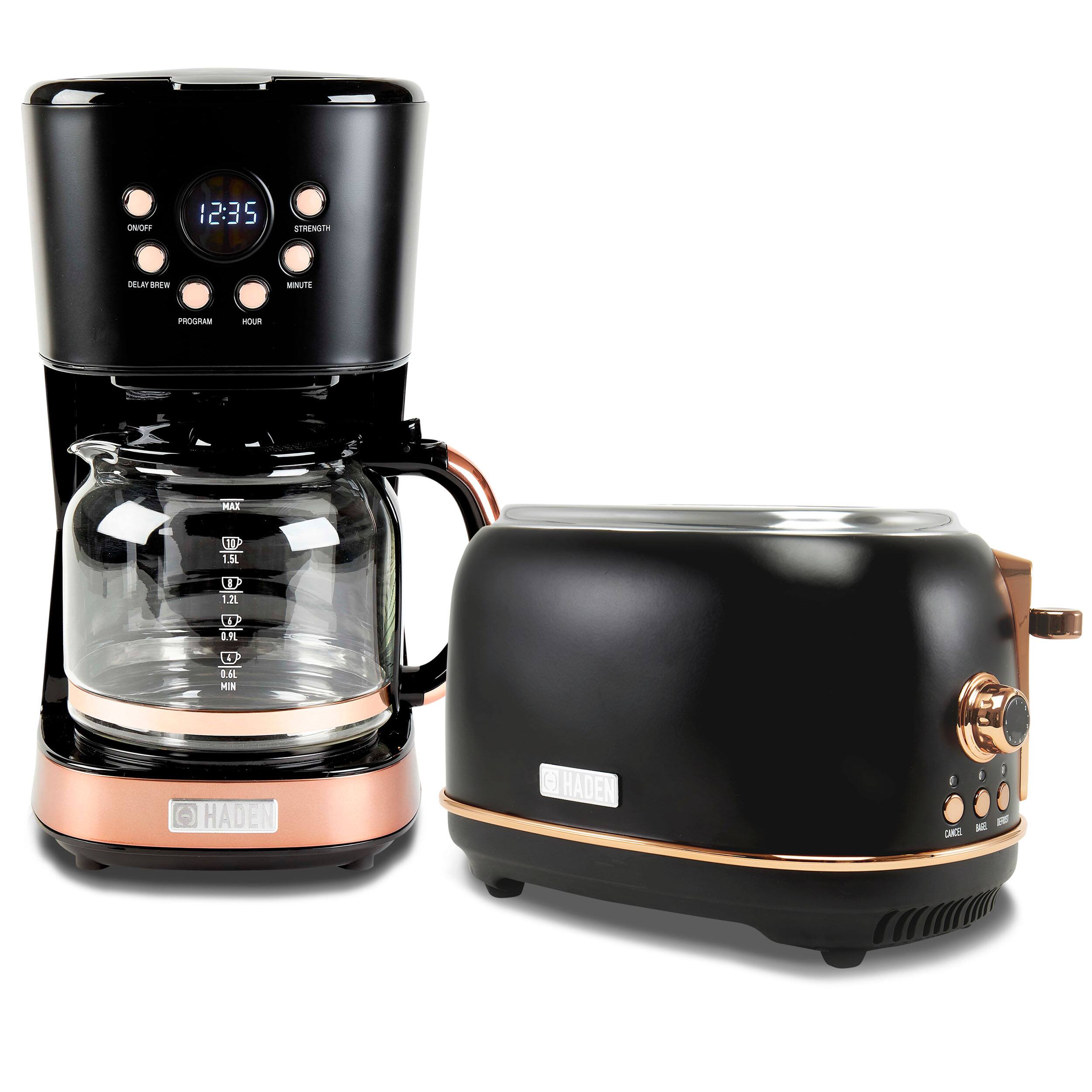 Haden - Heritage 2 Slice Wide Slot Toaster & 12 Cup Coffee Maker, Black & Copper - Black/Copper
